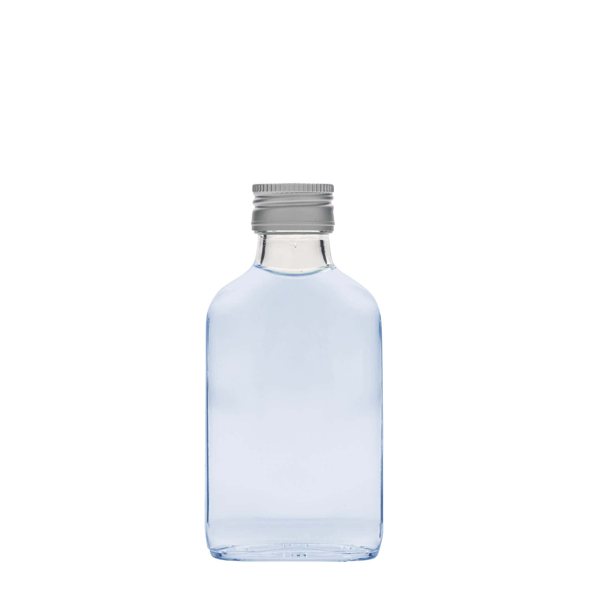 Bottiglia tascabile 100 ml, rettangolare, vetro, bocca: PP 28