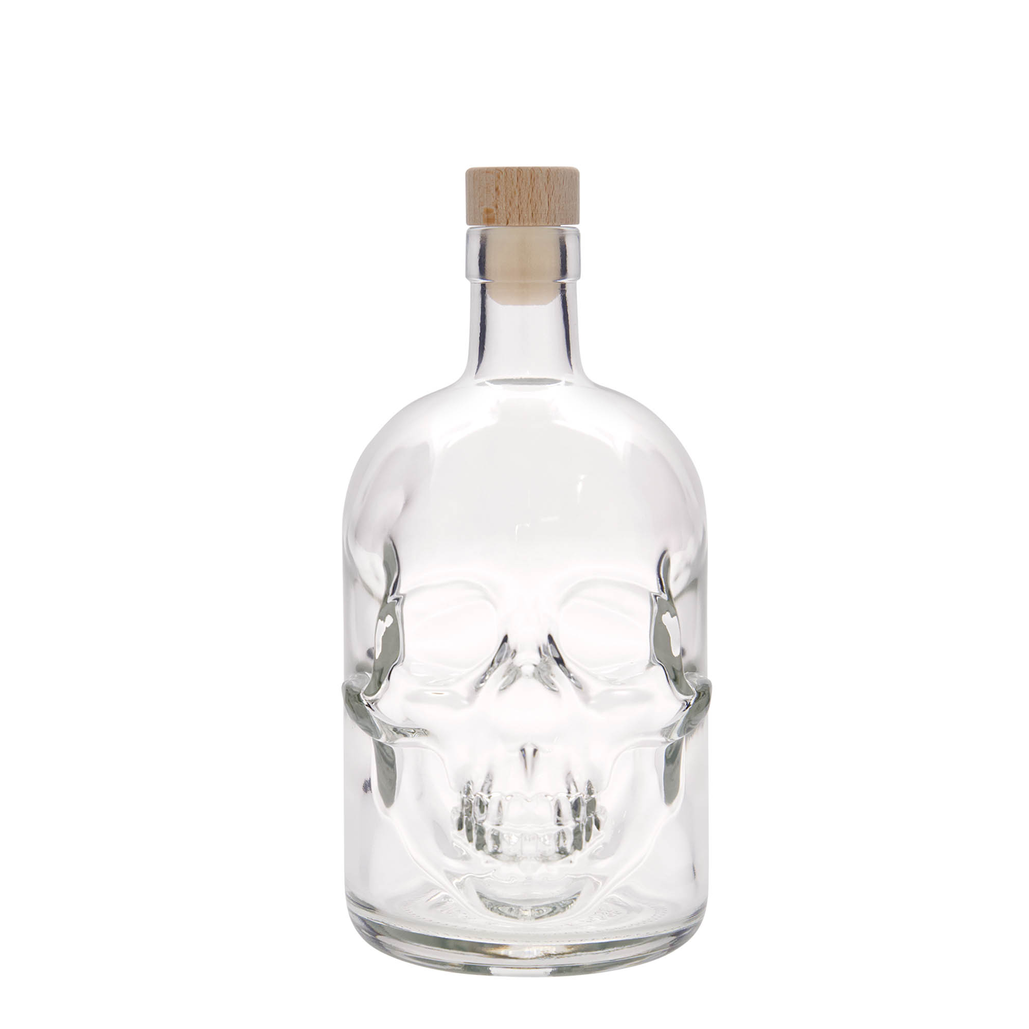 Bottiglia di vetro da 700 ml 'Teschio', bocca: tappo di sughero Bottiglia di vetro da 700 ml 'Teschio', bocca: tappo di sughero
