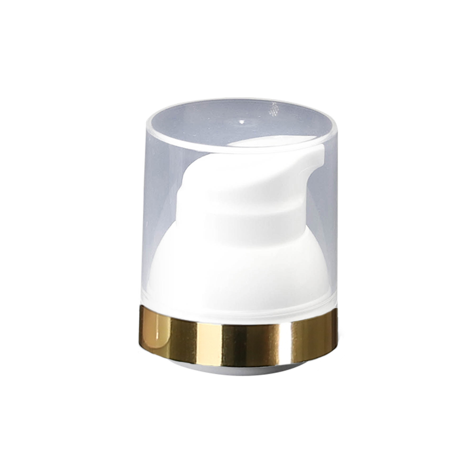 Testa pompa dispenser airless "Mezzo", tipo D, plastica PP, bianca con bordo dorato e cappuccio trasparente