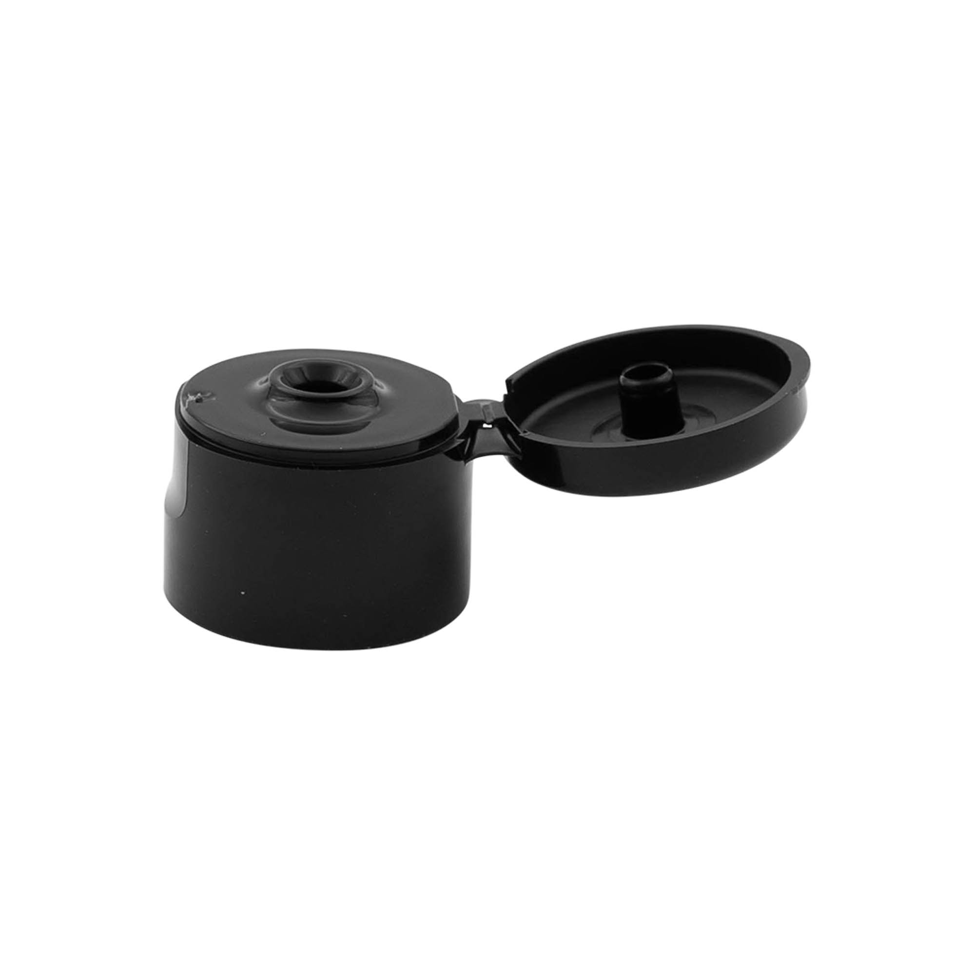 Tappo a vite con cerniera a ribalta, plastica PP, nero, per bocca: 24/410 Tappo a vite con cerniera a ribalta, plastica PP, nero, per bocca: 24/410