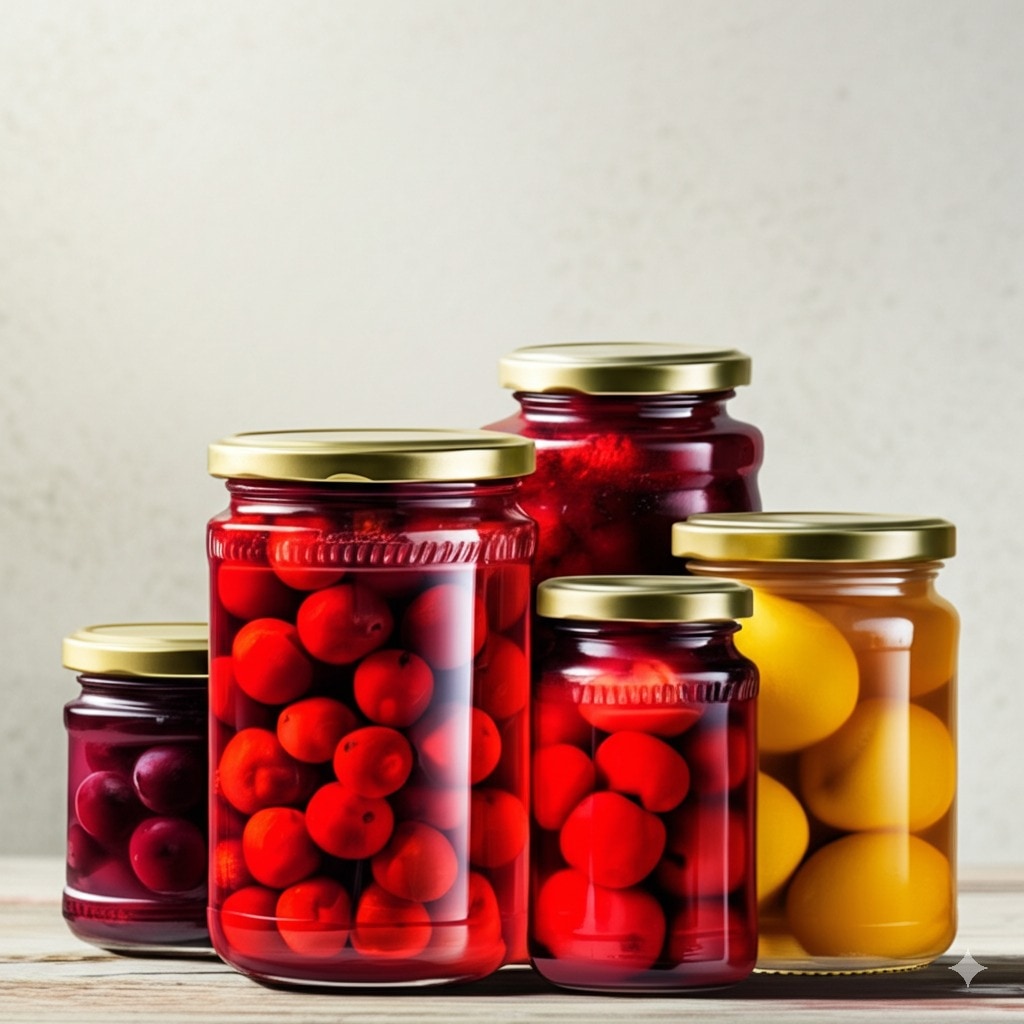 Mit Früchten gefüllte Einmachgläser stehen als Gruppe vor einer grauen Wand