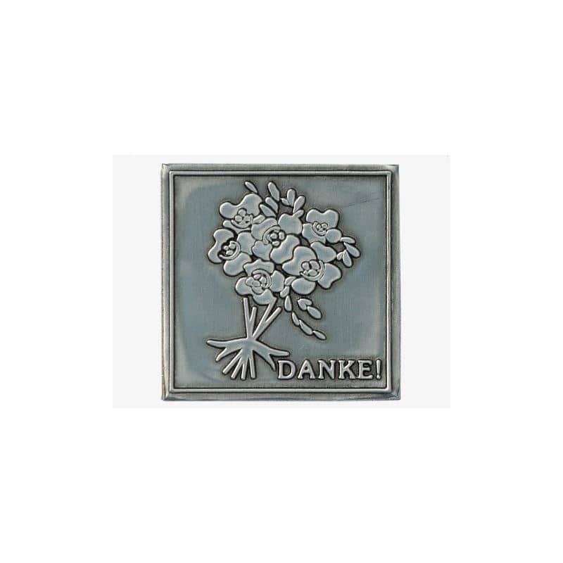 Etichetta metallica 'Grazie', quadrata, stagno, argento