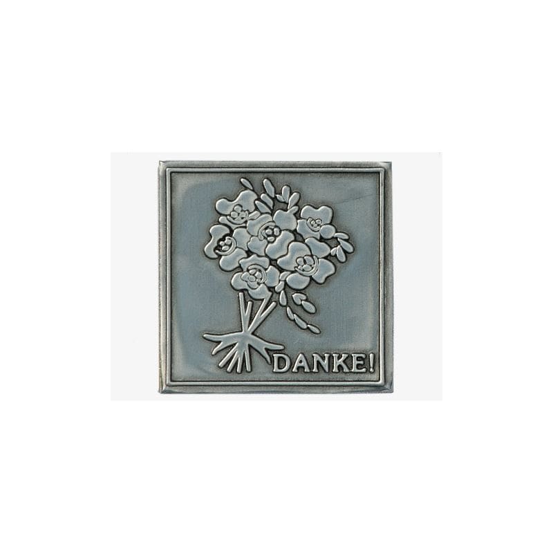 Etichetta in stagno 'Danke', quadrata, metallo, argento