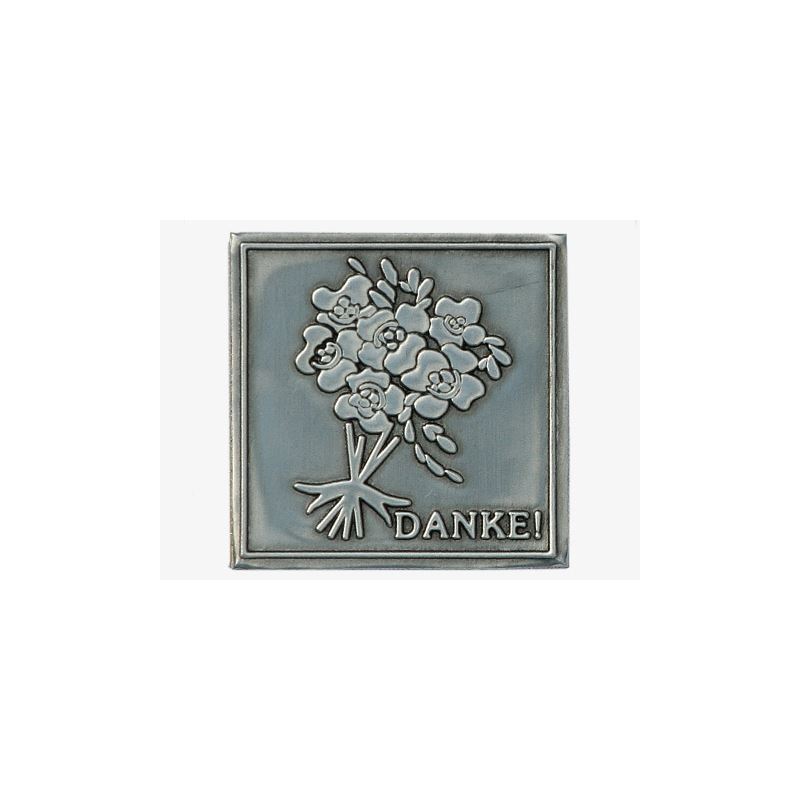 Etichetta in stagno 'Danke', quadrata, metallo, argento Etichetta in stagno 'Danke', quadrata, metallo, argento