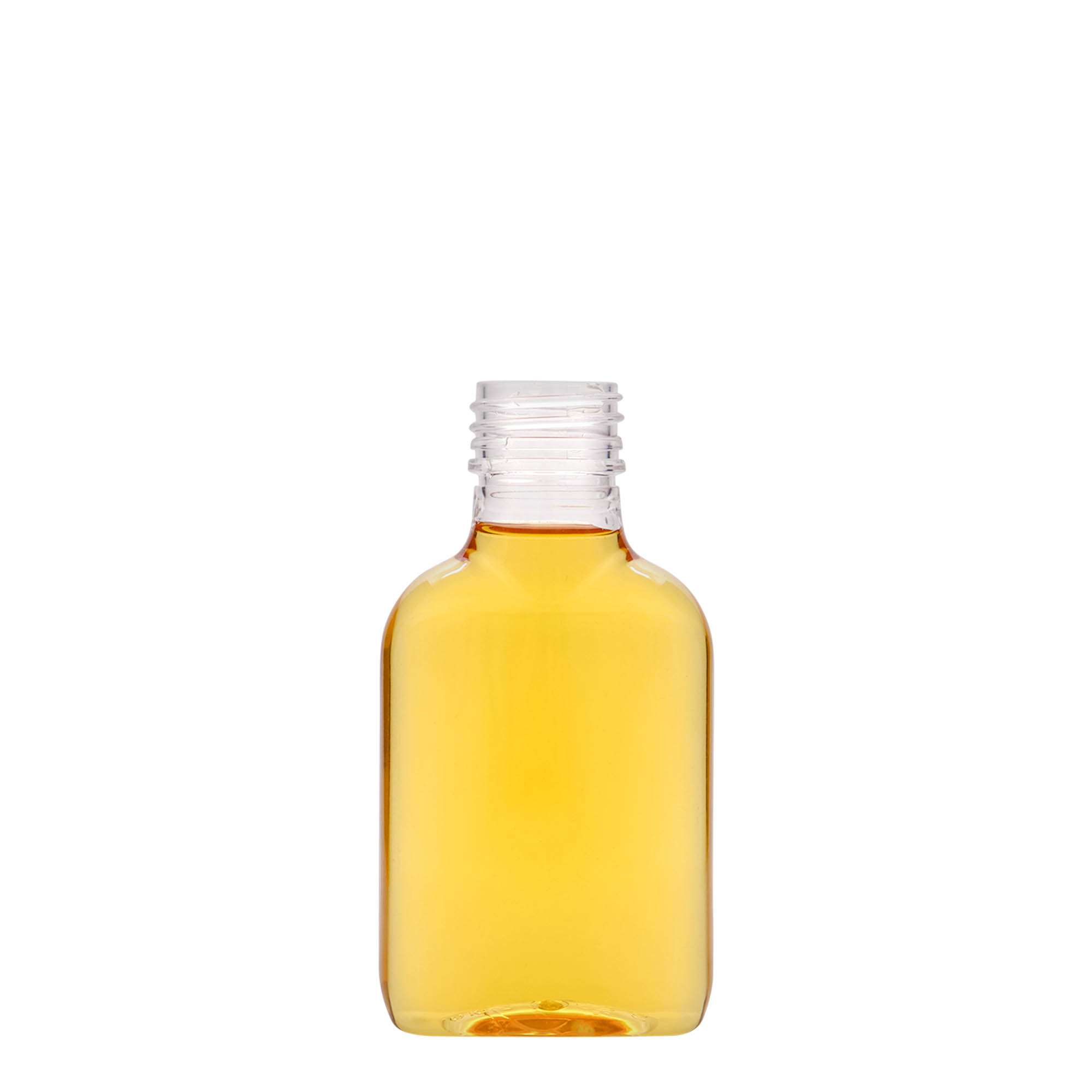 Bottiglia tascabile da 100 ml, ovale, plastica PET, bocca: PP 28 Bottiglia tascabile da 100 ml, ovale, plastica PET, bocca: PP 28