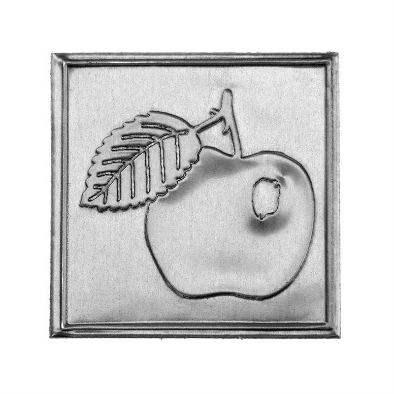 Etichetta in stagno 'Mela', quadrata, metallo, argento