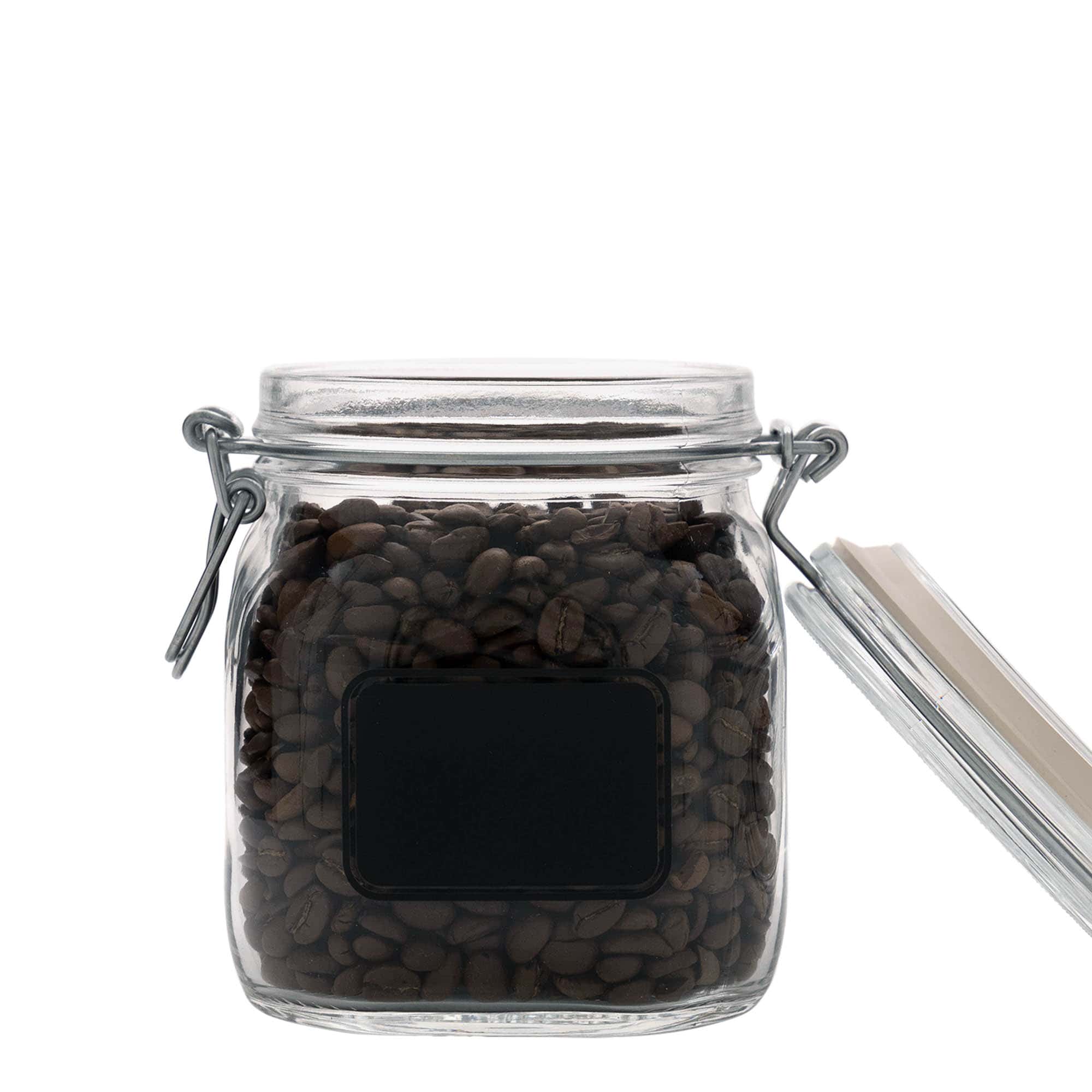 Vaso con chiusura a molla da 750 ml 'Fido', motivo: campo etichetta, quadrato, apertura: chiusura a molla