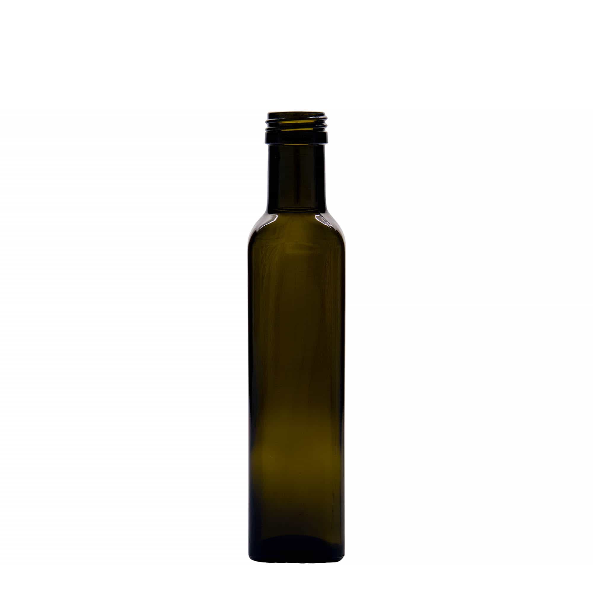 Bottiglia di vetro da 250 ml 'Marasca', quadrata, verde antico, bocca: PP 31,5 Bottiglia di vetro da 250 ml 'Marasca', quadrata, verde antico, bocca: PP 31,5