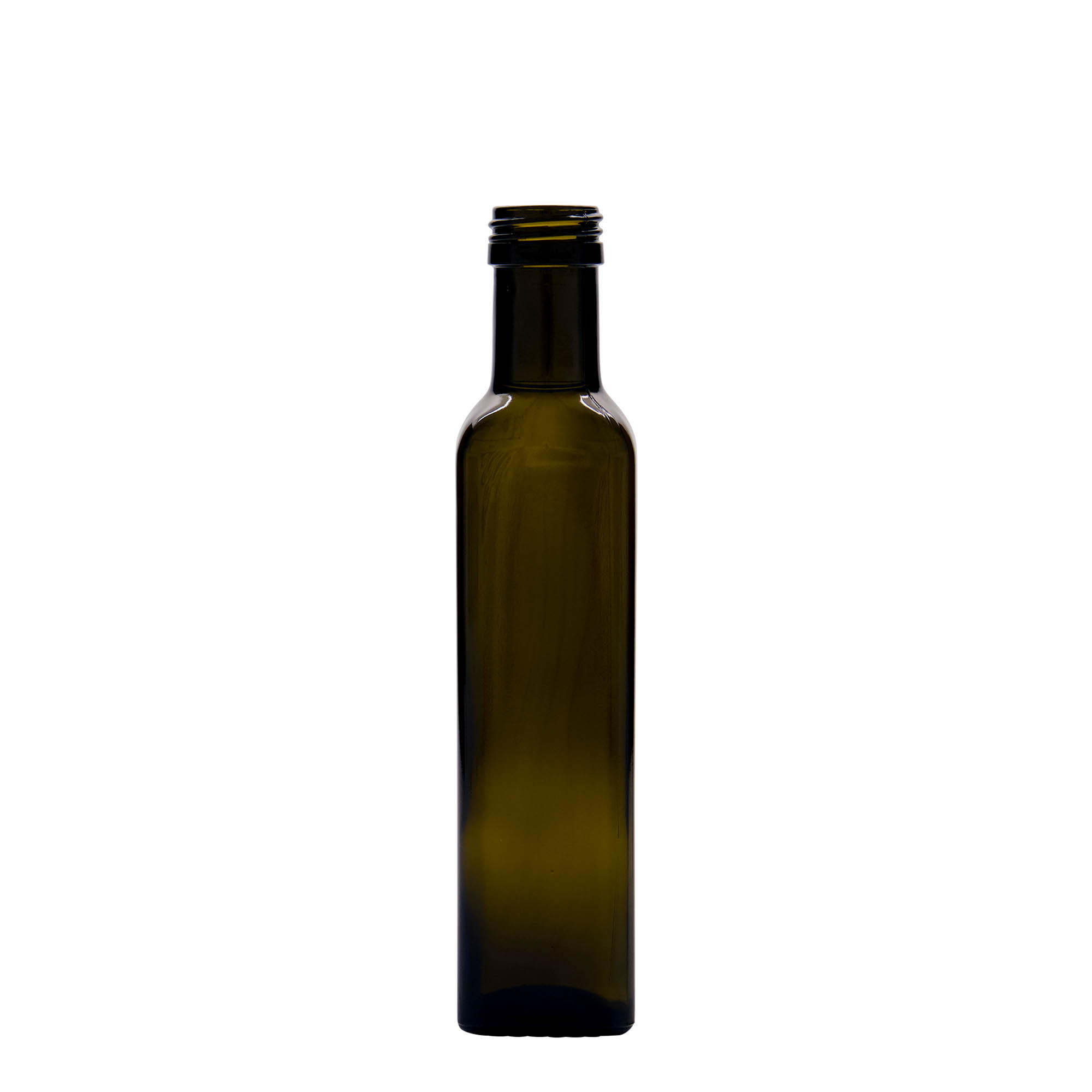Bottiglia di vetro da 250 ml 'Marasca', quadrata, verde antico, bocca: PP 31,5 Bottiglia di vetro da 250 ml 'Marasca', quadrata, verde antico, bocca: PP 31,5