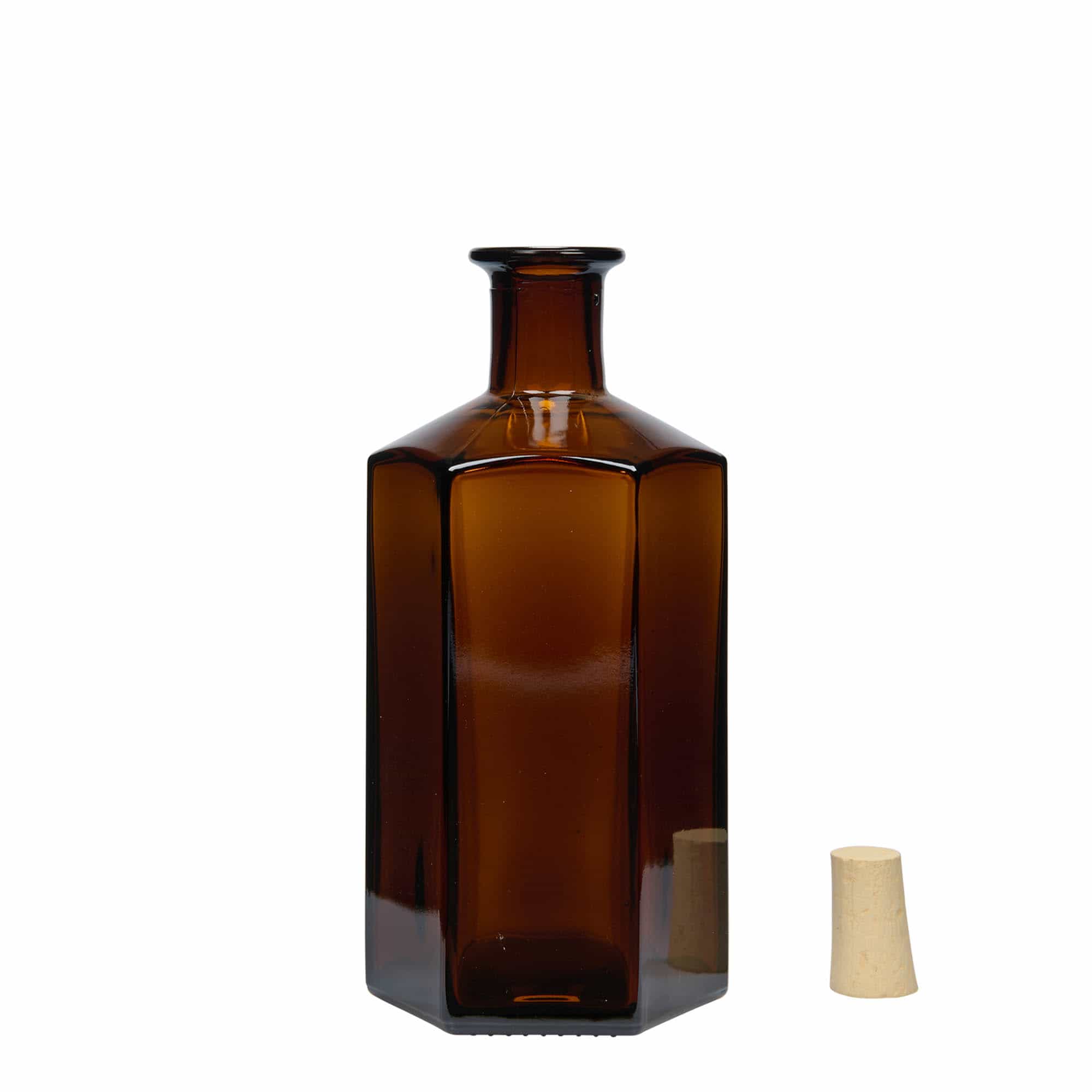 500 ml Bottiglia da farmacia. vetro 'Jimmy'. esagonale. marrone. imboccatura: fascetta