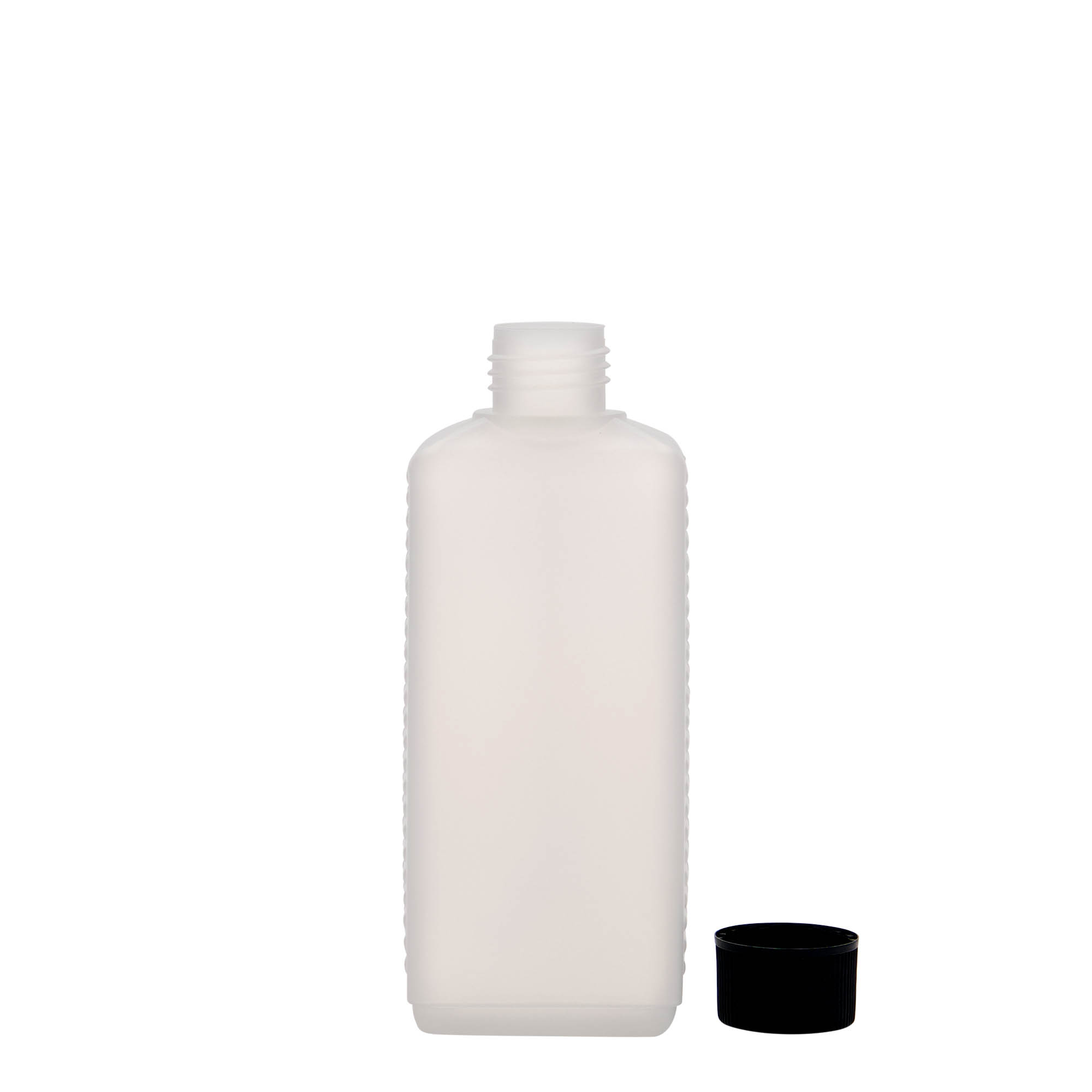 Bottiglia a tanica da 250 ml, rettangolare, plastica HDPE, naturale, bocca: DIN 25 EPE