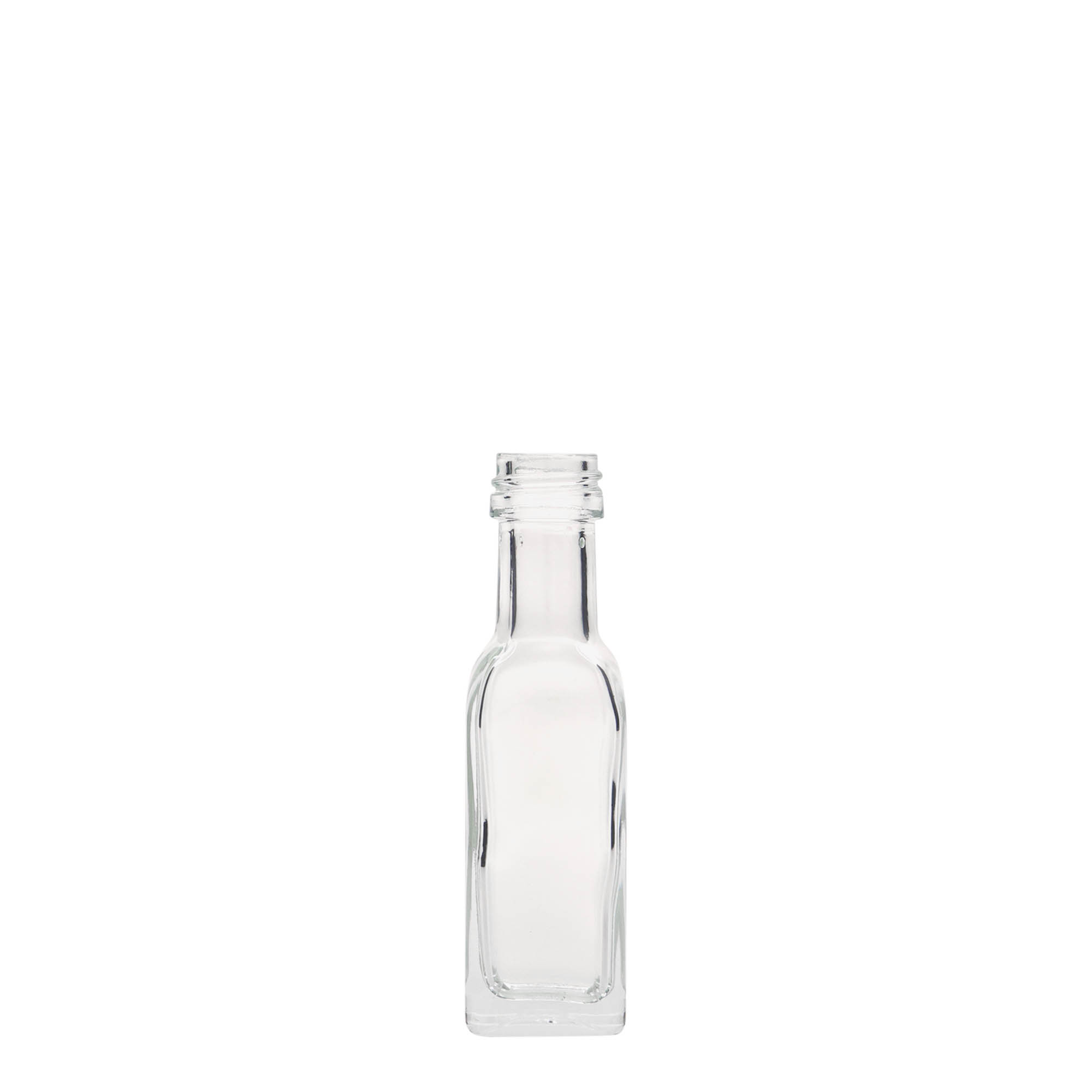 Bottiglia di vetro da 20 ml 'Marasca', quadrata, bocca: PP 18 Bottiglia di vetro da 20 ml 'Marasca', quadrata, bocca: PP 18