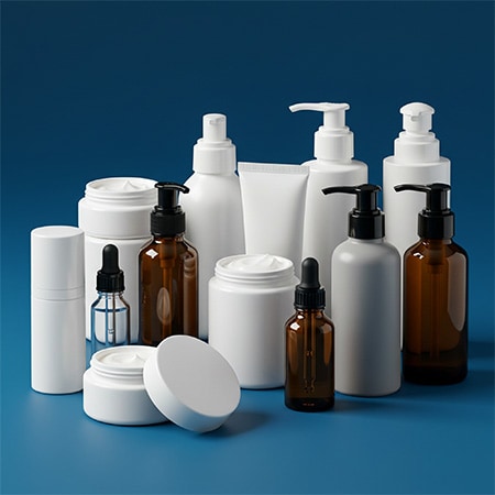 Cosmetici Immagine d'atmosfera: gruppo di contenitori cosmetici pieni, come flaconi dispenser, barattoli e flaconi pipetta su uno sfondo blu