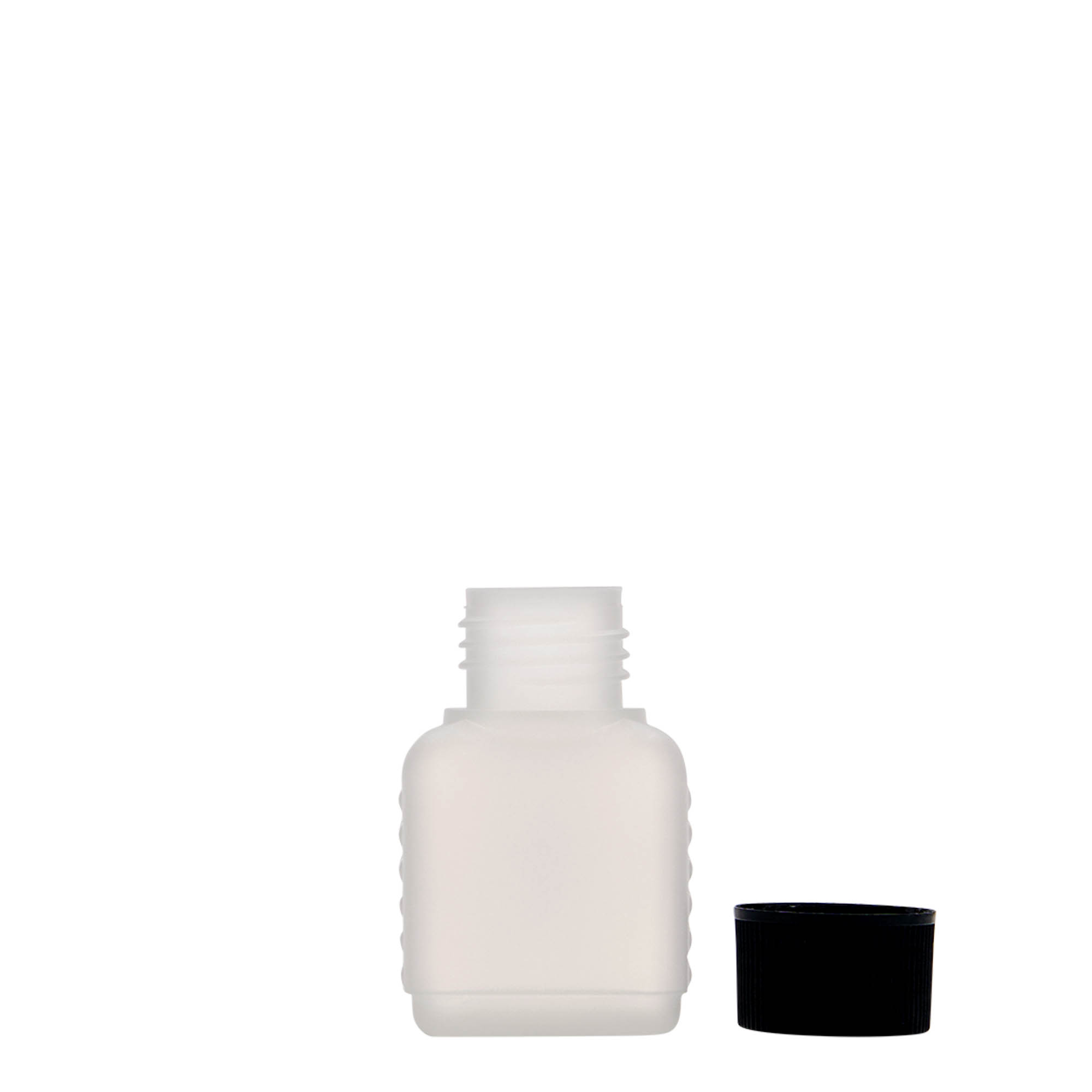 Flacone tanica da 50 ml, rettangolare, plastica HDPE, naturale, bocca: DIN 25