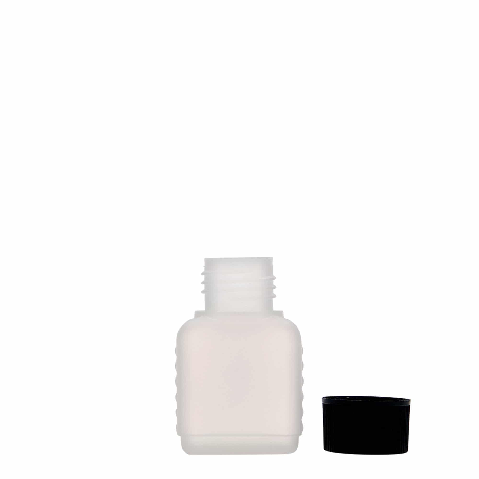 Flacone tanica da 50 ml, rettangolare, plastica HDPE, naturale, bocca: DIN 25