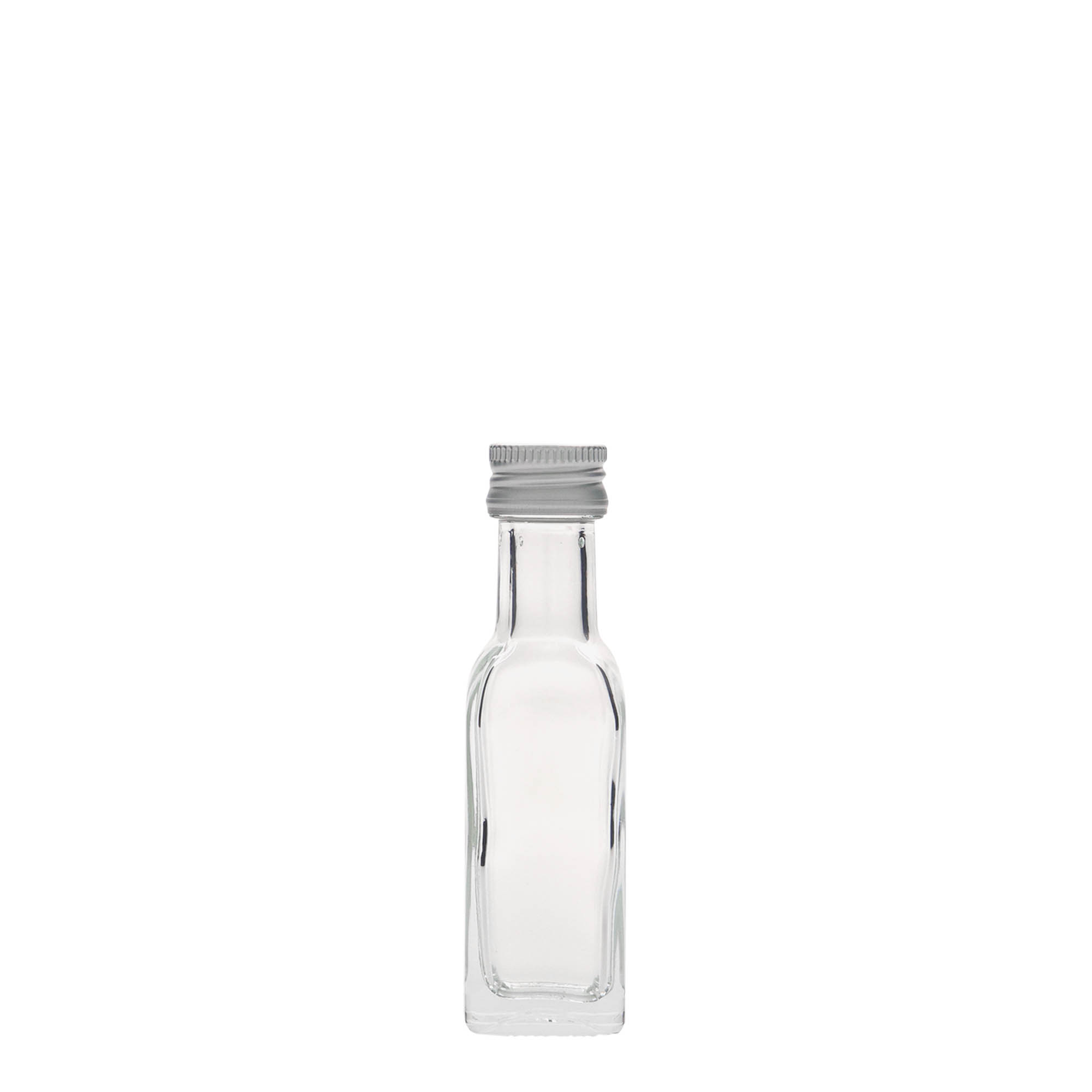 Bottiglia di vetro da 20 ml 'Marasca', quadrata, bocca: PP 18 Bottiglia di vetro da 20 ml 'Marasca', quadrata, bocca: PP 18