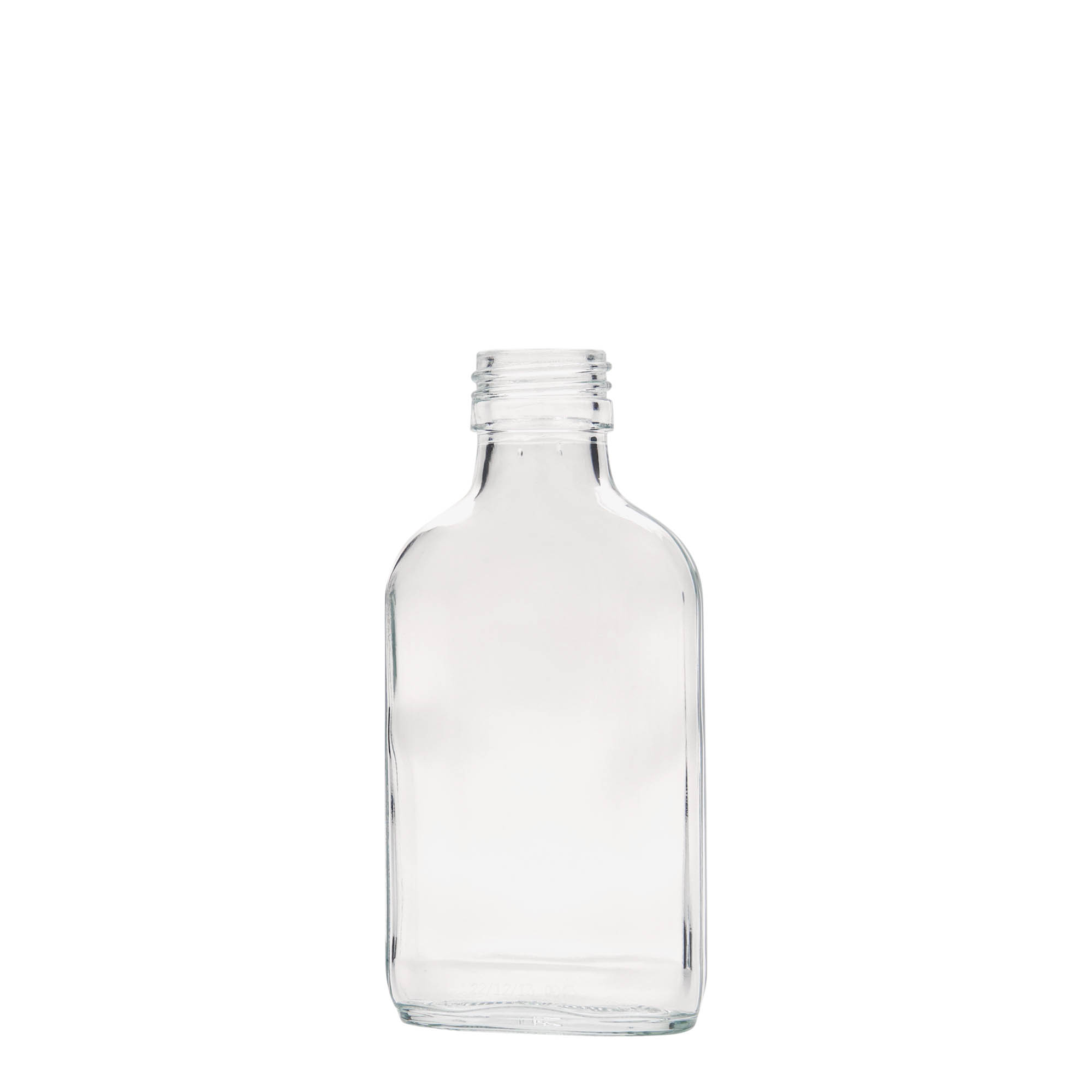 Bottiglia tascabile 100 ml, rettangolare, vetro, bocca: PP 28