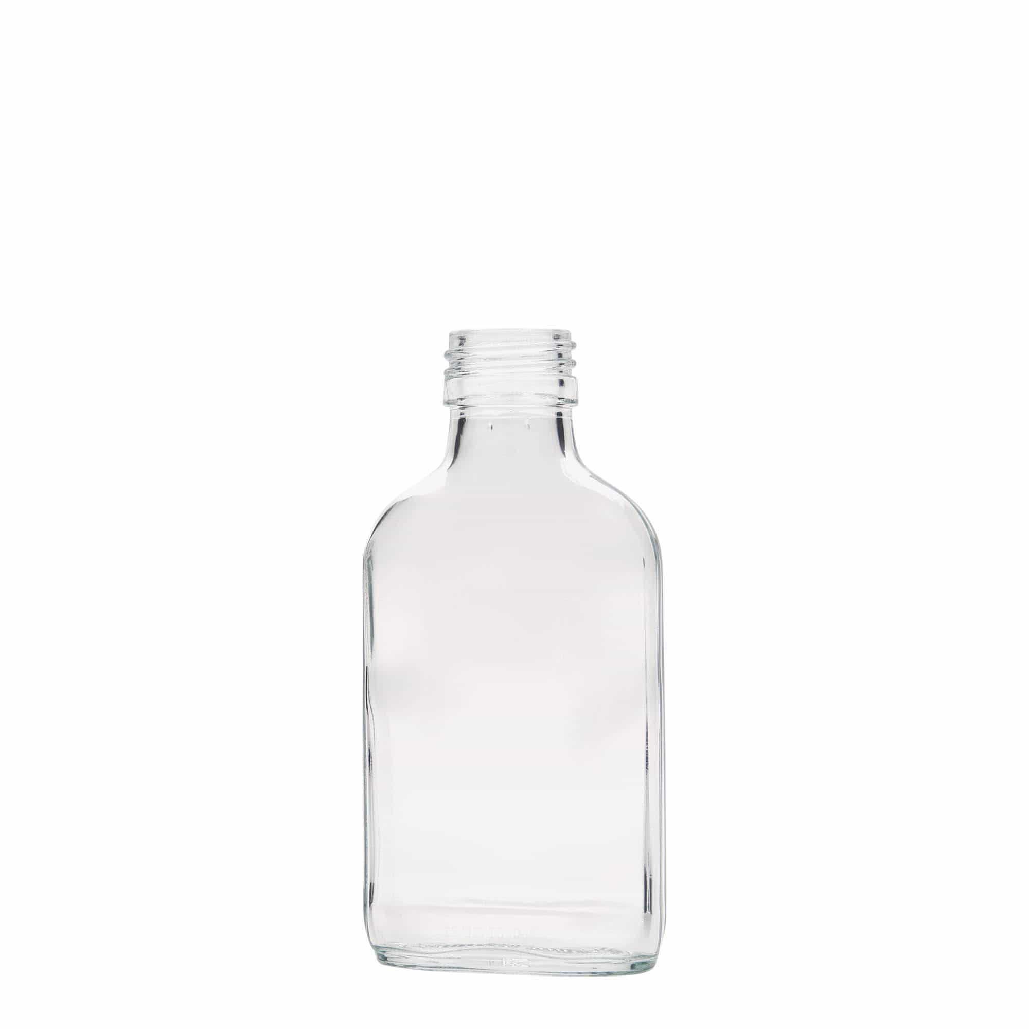 Bottiglia tascabile 100 ml, rettangolare, vetro, bocca: PP 28
