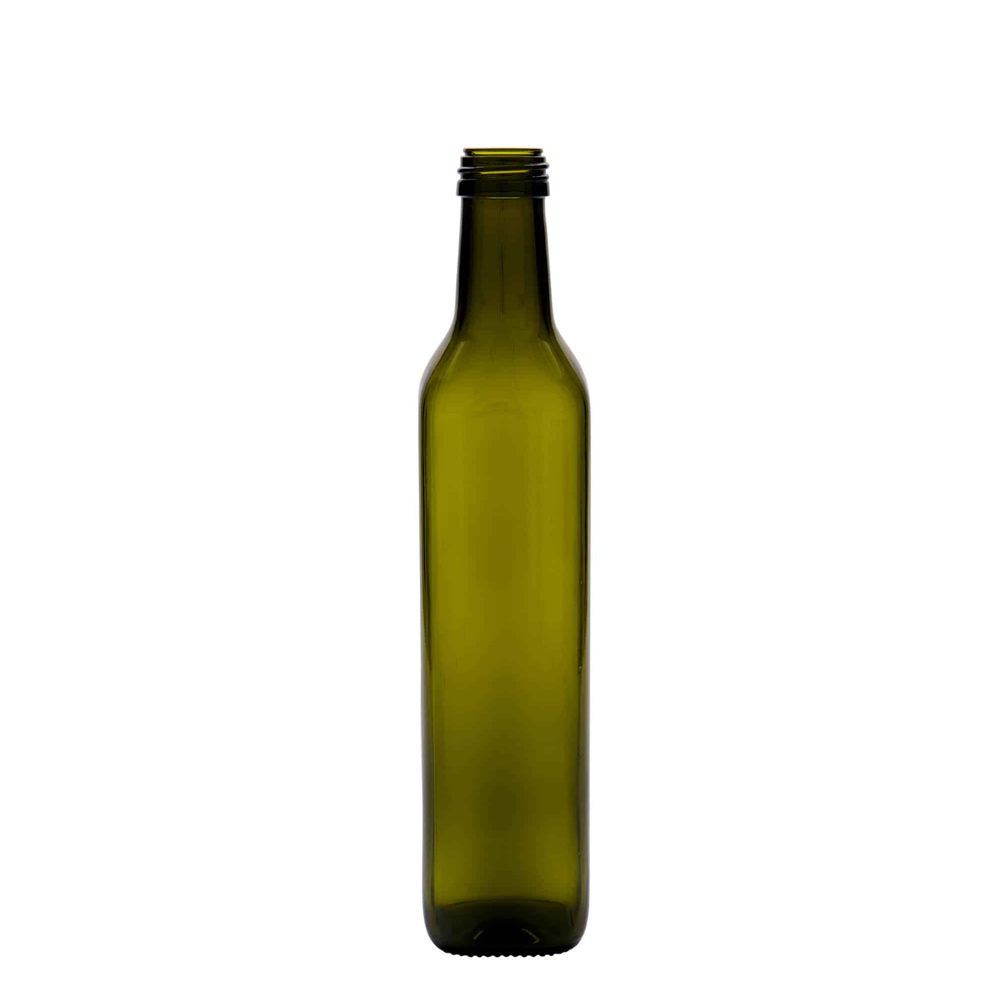 Bottiglia di vetro da 500 ml 'Marasca', quadrata, verde antico, bocca: PP 31,5