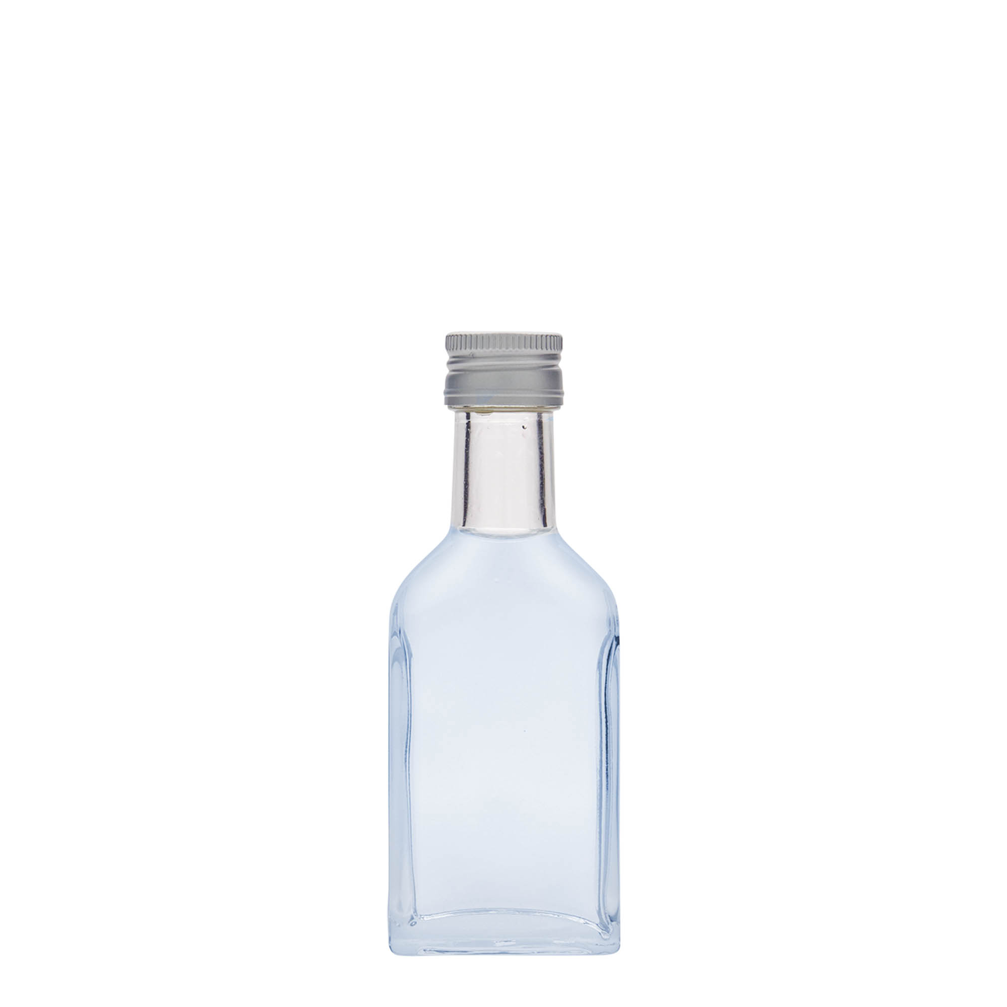 Bottiglia tascabile da 40 ml, collo lungo, rettangolare, vetro, bocca: PP 22 Bottiglia tascabile da 40 ml, collo lungo, rettangolare, vetro, bocca: PP 22