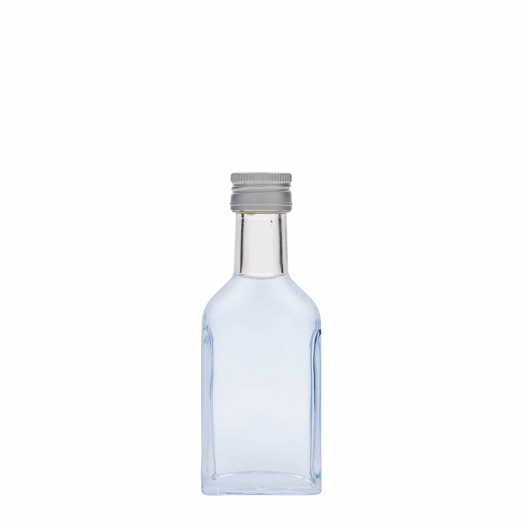 Bottiglia tascabile da 40 ml, collo lungo, rettangolare, vetro, bocca: PP 22