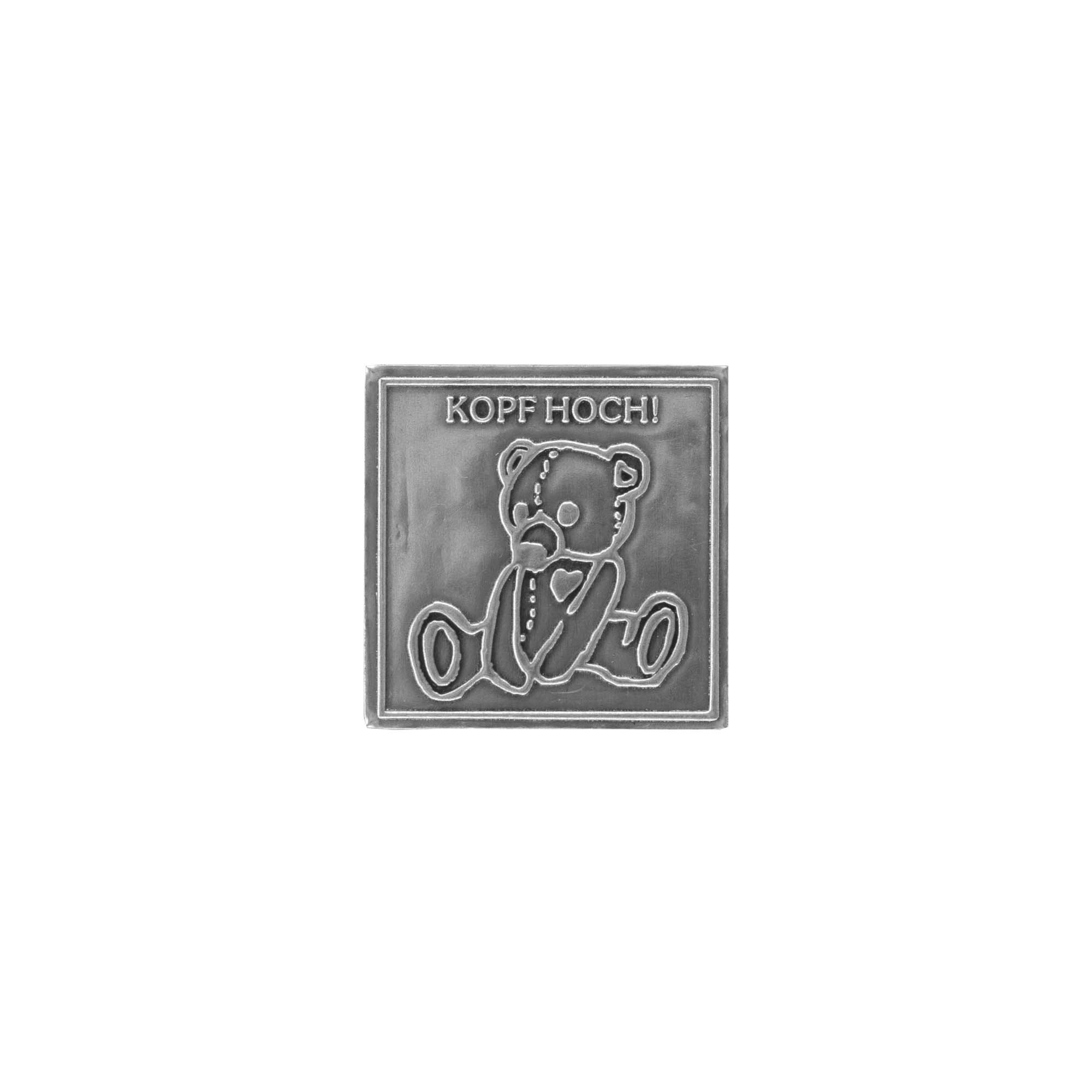 Etichetta in stagno 'Testa alta', quadrata, metallo, argento Etichetta in stagno 'Testa alta', quadrata, metallo, argento