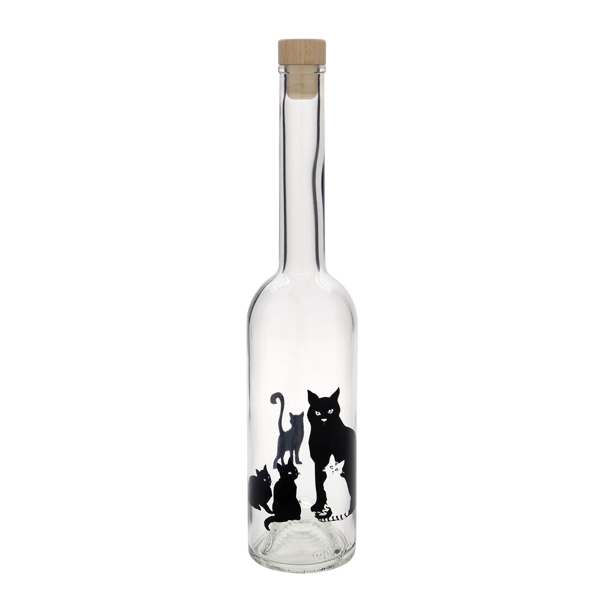 Bottiglia di vetro da 500 ml 'Opera', motivo: gatti, bocca: sughero Bottiglia di vetro da 500 ml 'Opera', motivo: gatti, bocca: sughero