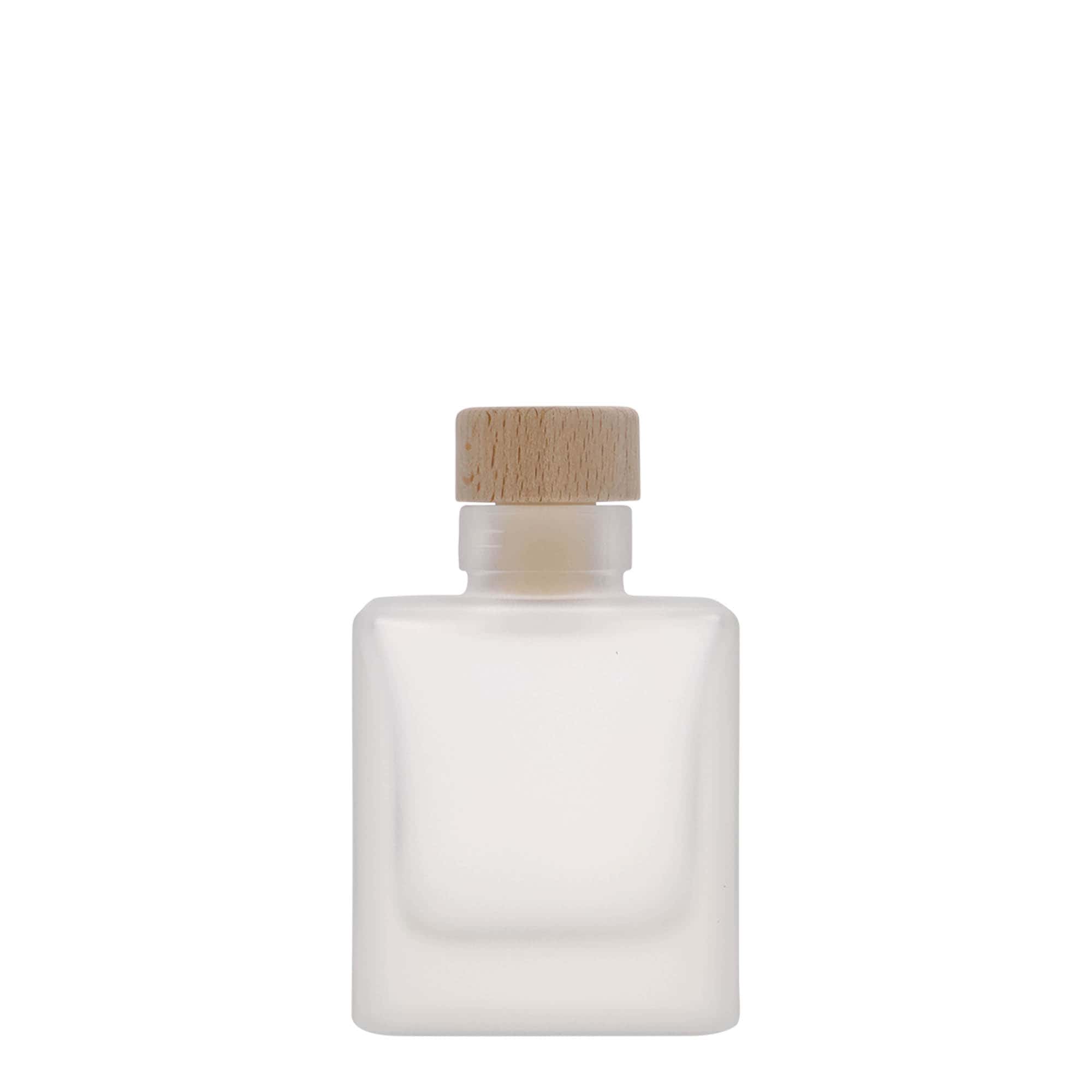 Bottiglia di vetro da 100 ml 'Cube', quadrata, ghiacciata, bocca: sughero Bottiglia di vetro da 100 ml 'Cube', quadrata, ghiacciata, bocca: sughero
