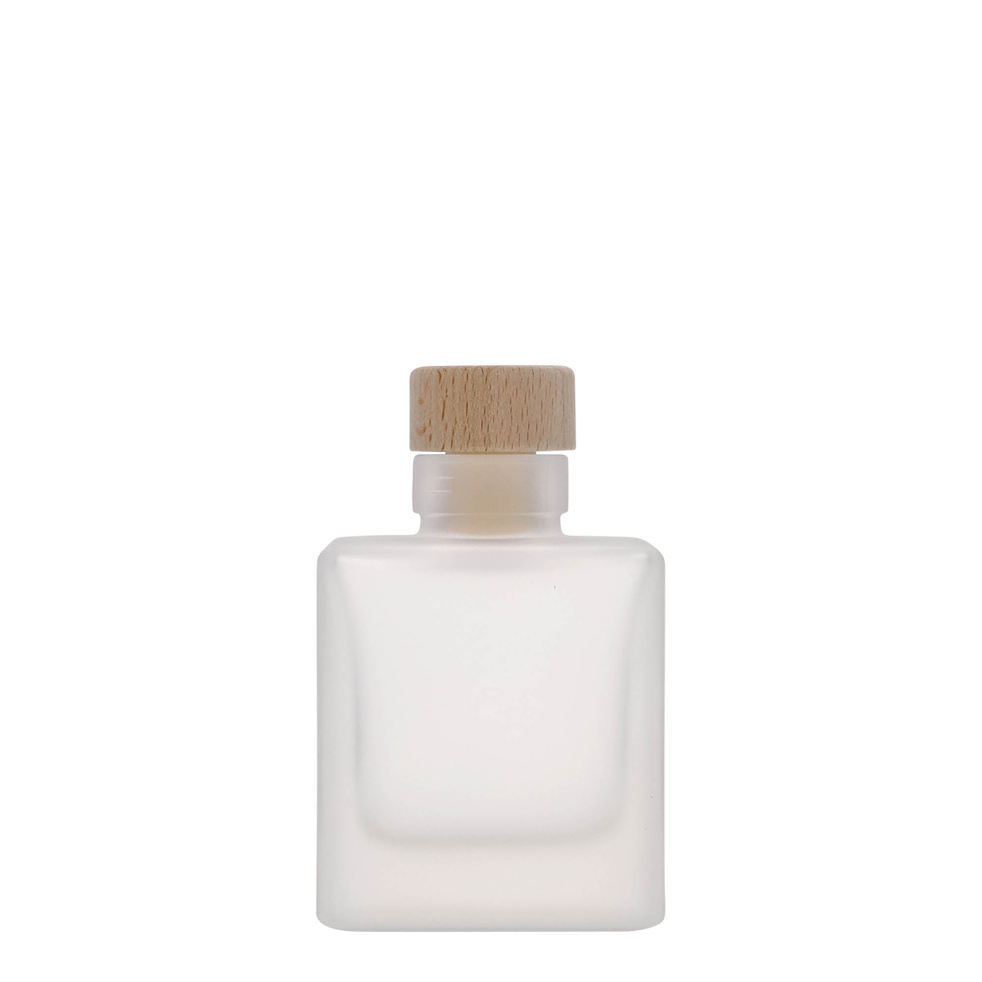 Bottiglia di vetro da 100 ml 'Cube', quadrata, ghiacciata, bocca: sughero Bottiglia di vetro da 100 ml 'Cube', quadrata, ghiacciata, bocca: sughero