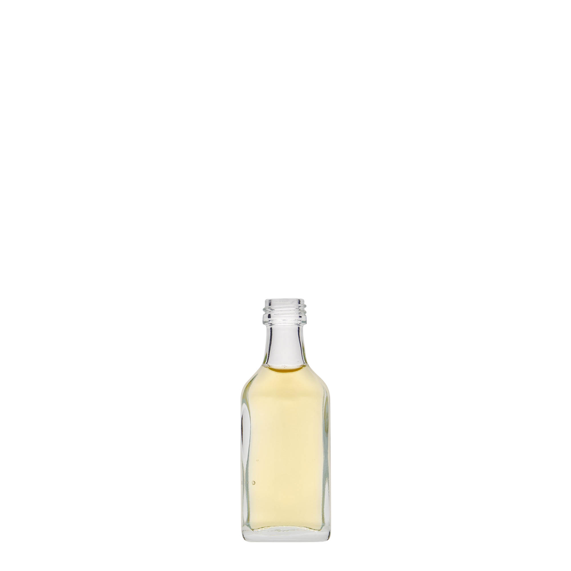 Bottiglia tascabile da 20 ml, rettangolare, vetro, bocca: PP 18 Bottiglia tascabile da 20 ml, rettangolare, vetro, bocca: PP 18
