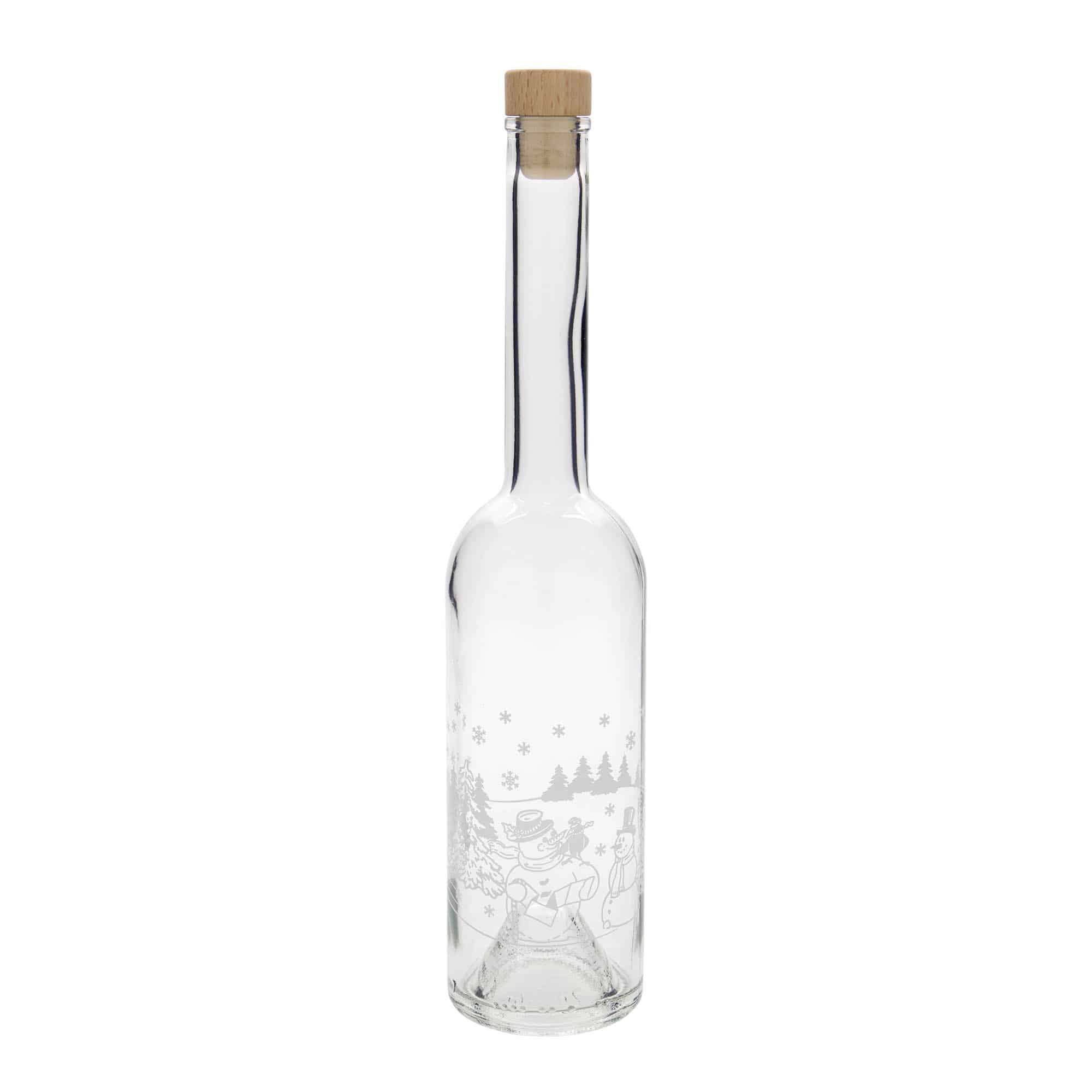 Bottiglia di vetro da 500 ml 'Opera', motivo: bottiglia pupazzo di neve, bocca: sughero