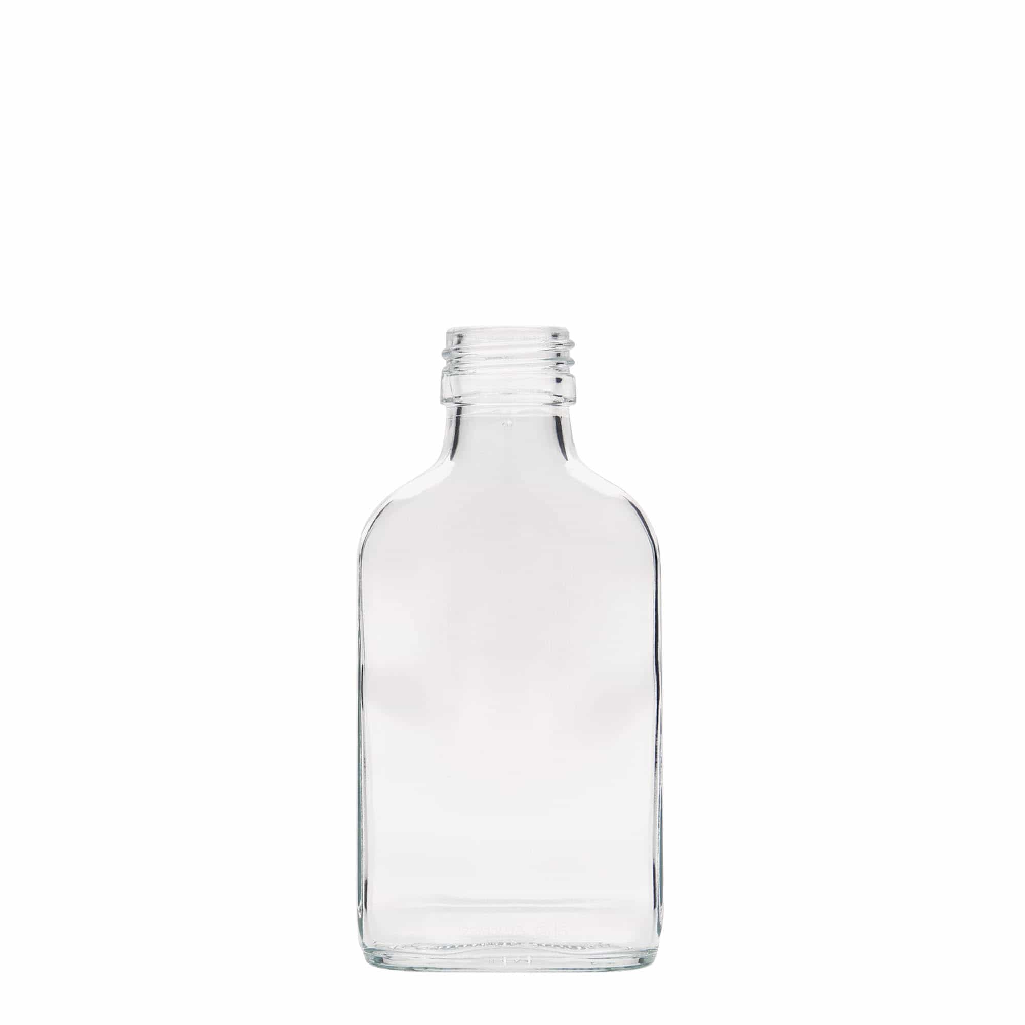 100 ml Fiaschetta tascabile, rettangolare, vetro, in vetro, imboccatura: PP 28