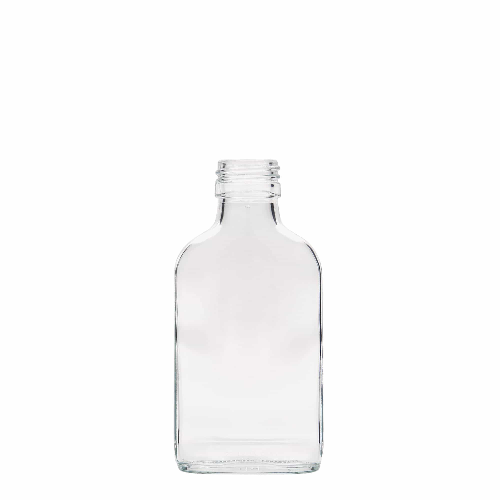 100 ml Fiaschetta tascabile, rettangolare, vetro, in vetro, imboccatura: PP 28 100 ml Fiaschetta tascabile, rettangolare, vetro, in vetro, imboccatura: PP 28