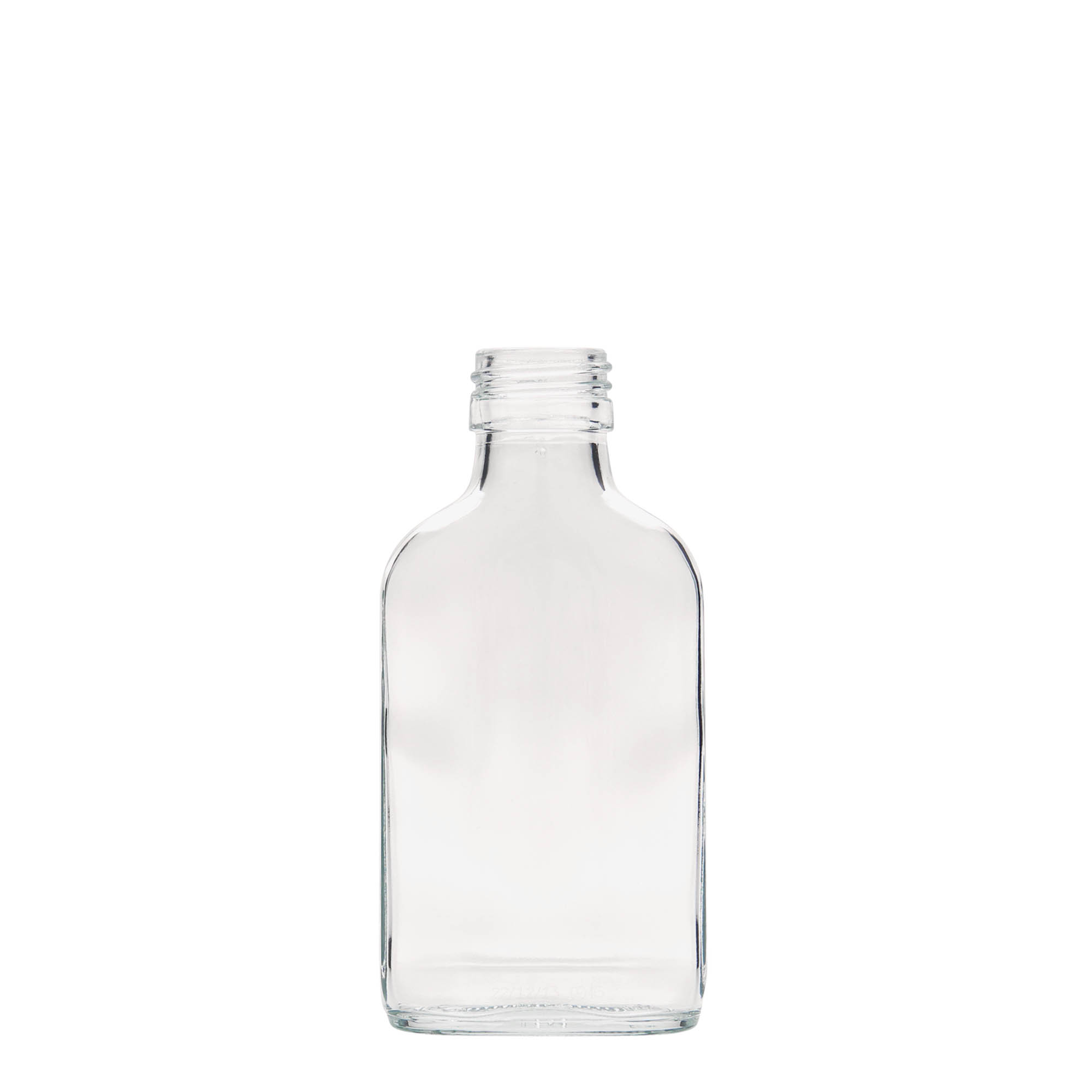 Bottiglia tascabile 100 ml, rettangolare, vetro, bocca: PP 28