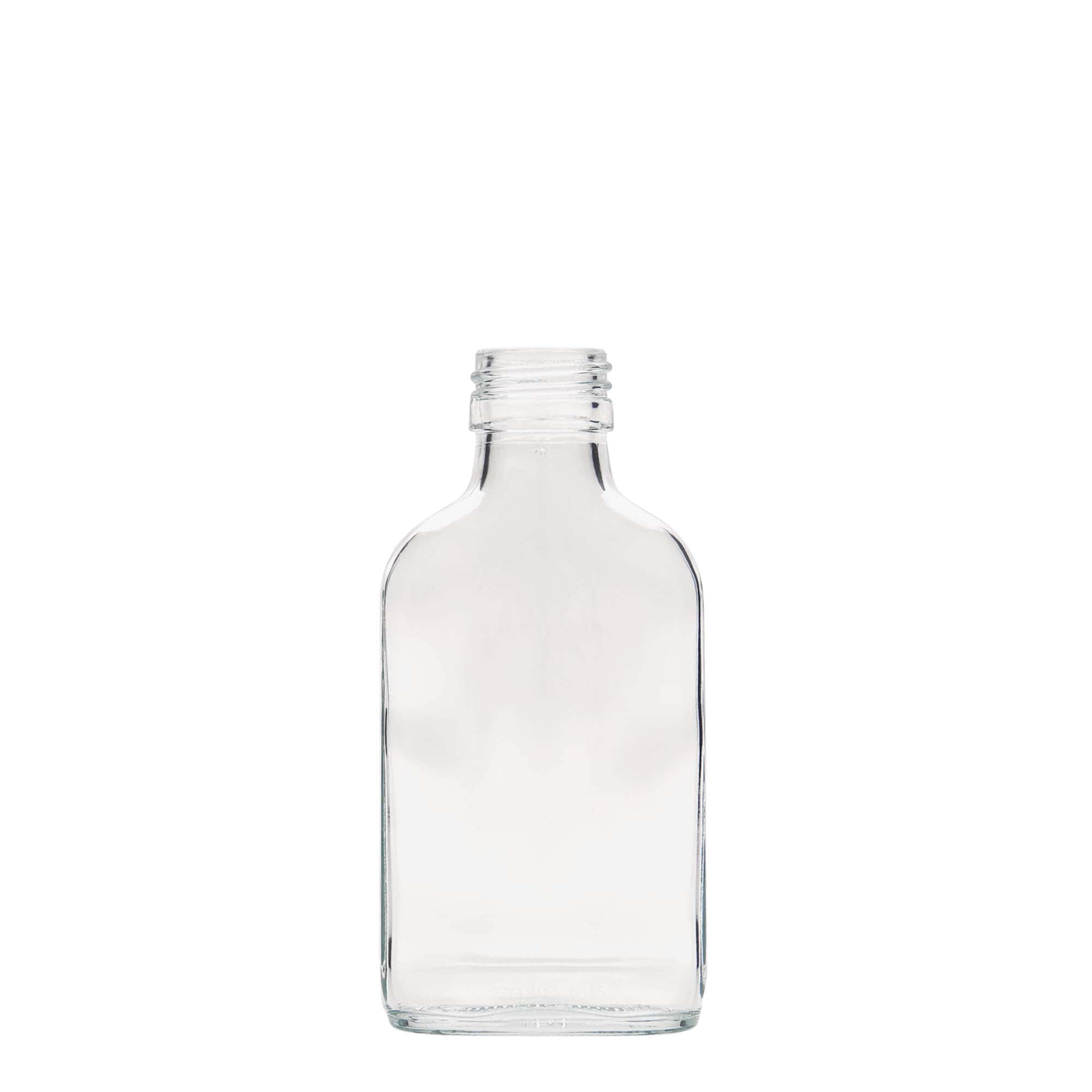 Bottiglia tascabile 100 ml, rettangolare, vetro, bocca: PP 28