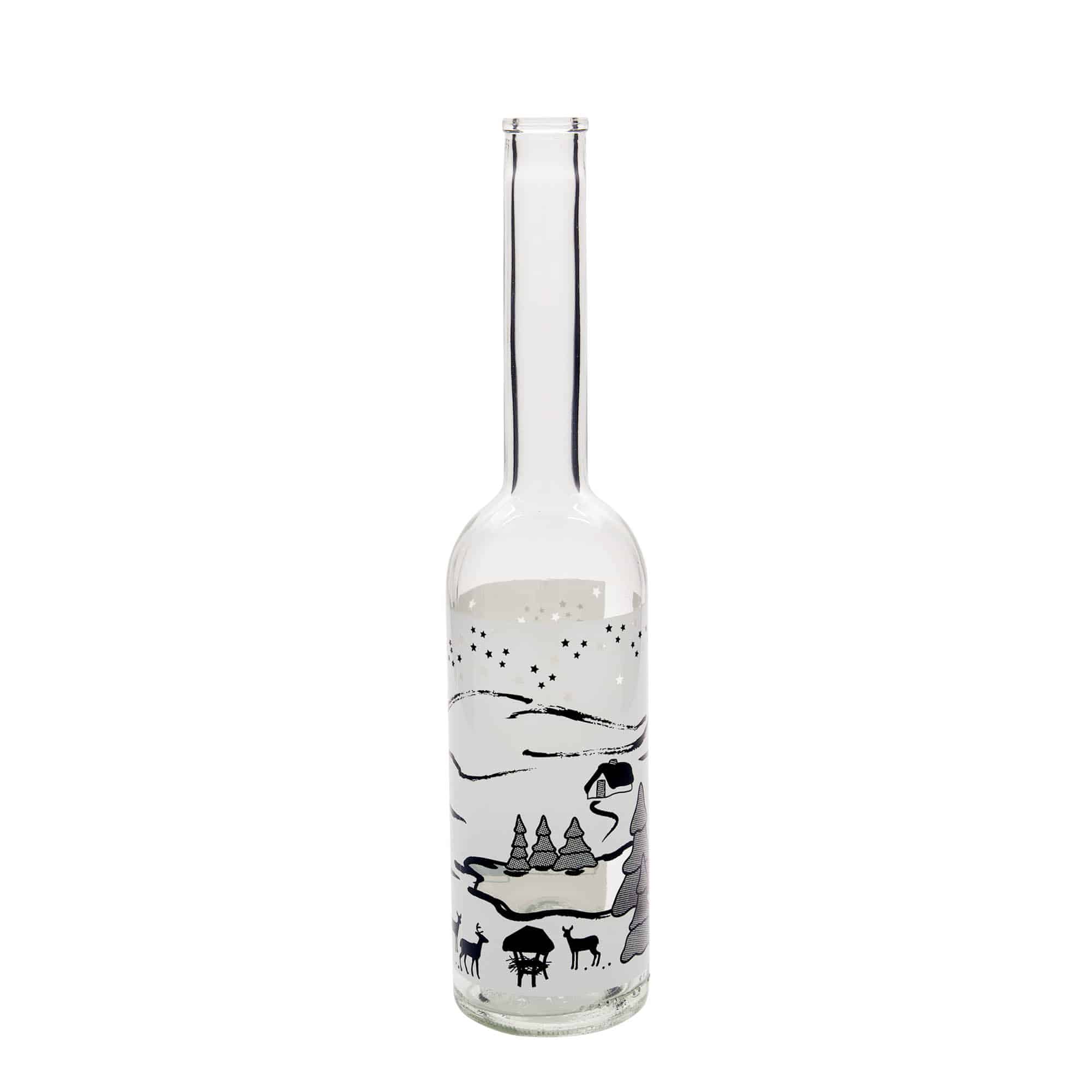 Bottiglia di vetro da 500 ml 'Opera', motivo: Sogno d'inverno-Bianco, bocca: tappo in sughero