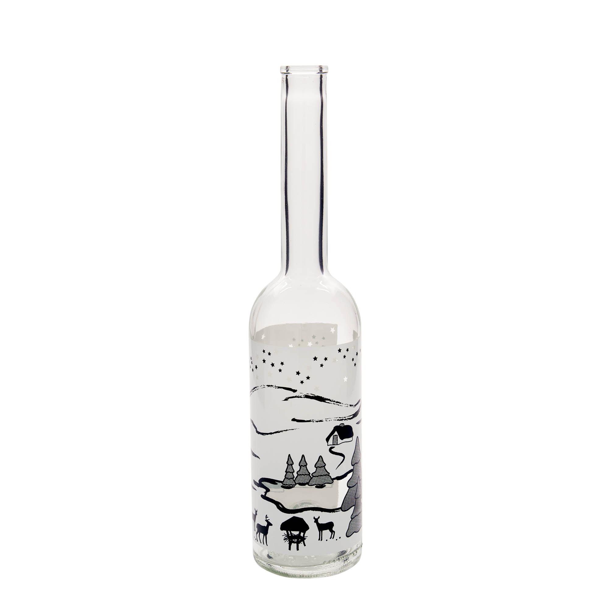 Bottiglia di vetro da 500 ml 'Opera', motivo: Sogno d'inverno-Bianco, bocca: tappo in sughero Bottiglia di vetro da 500 ml 'Opera', motivo: Sogno d'inverno-Bianco, bocca: tappo in sughero