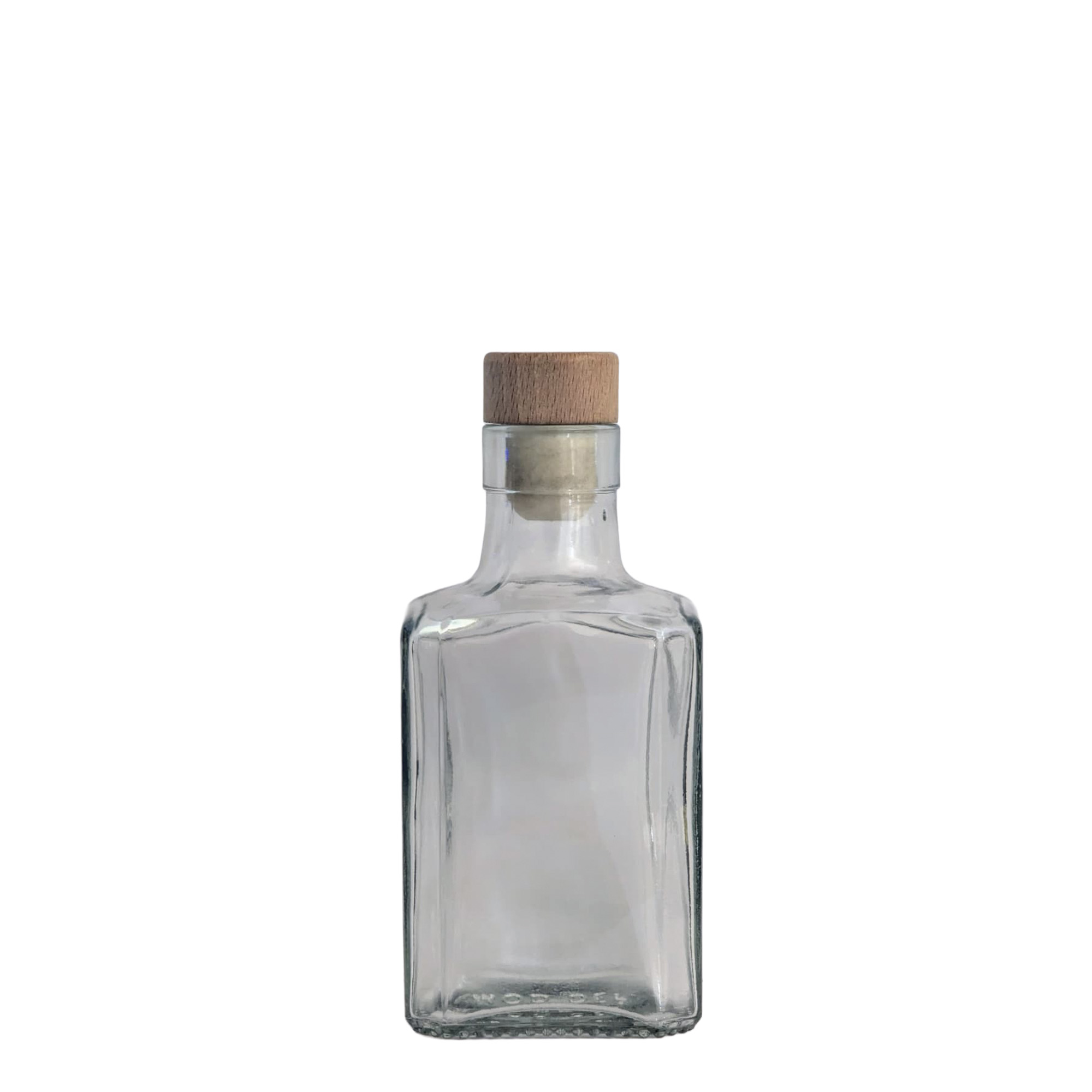Bottiglia di vetro da 250 ml 'Decanter Quadro Oberband', quadrata, bocca: tappo in sughero Bottiglia di vetro da 250 ml 'Decanter Quadro Oberband', quadrata, bocca: tappo in sughero