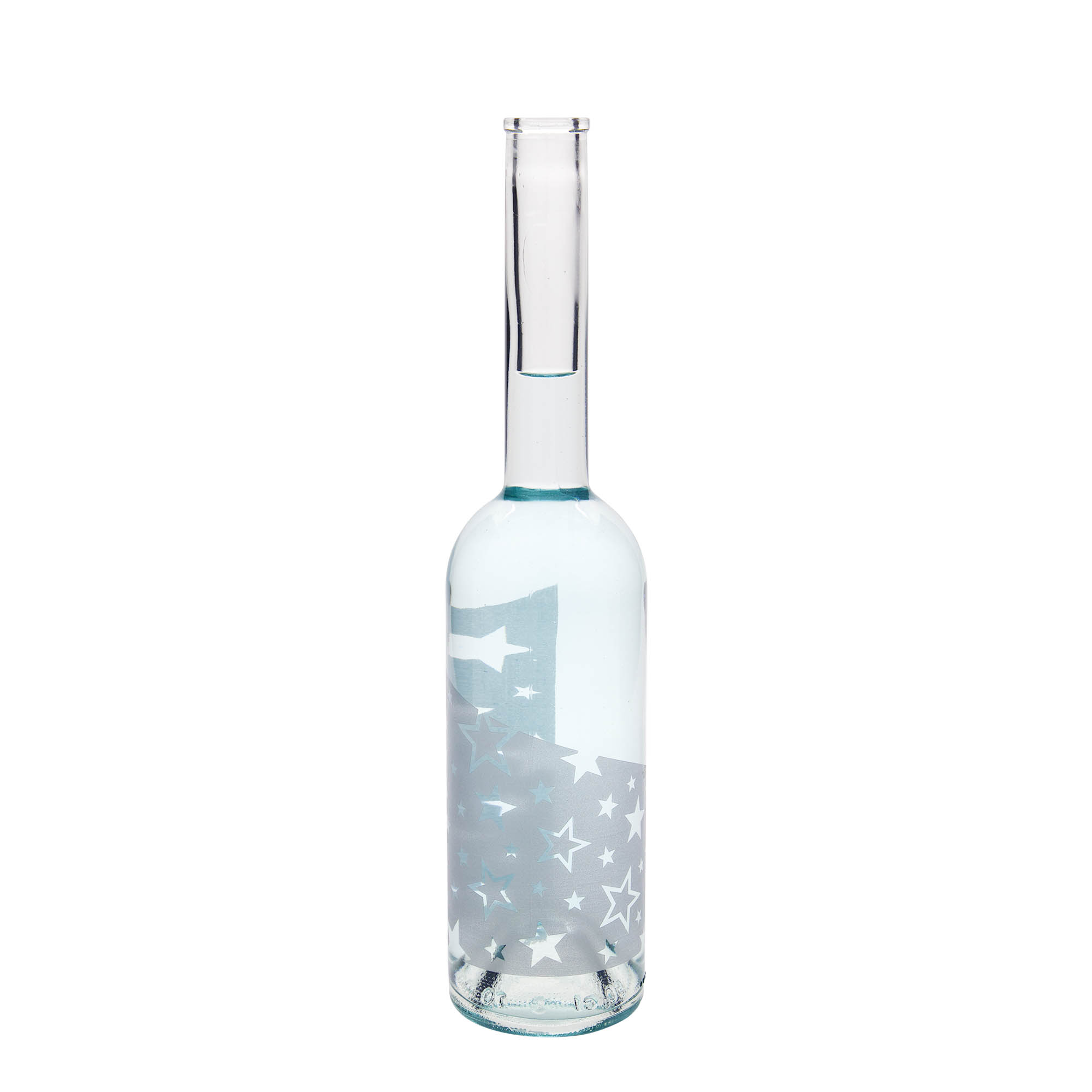 Bottiglia di vetro da 500 ml 'Opera', motivo: stelle d'argento, bocca: sughero Bottiglia di vetro da 500 ml 'Opera', motivo: stelle d'argento, bocca: sughero