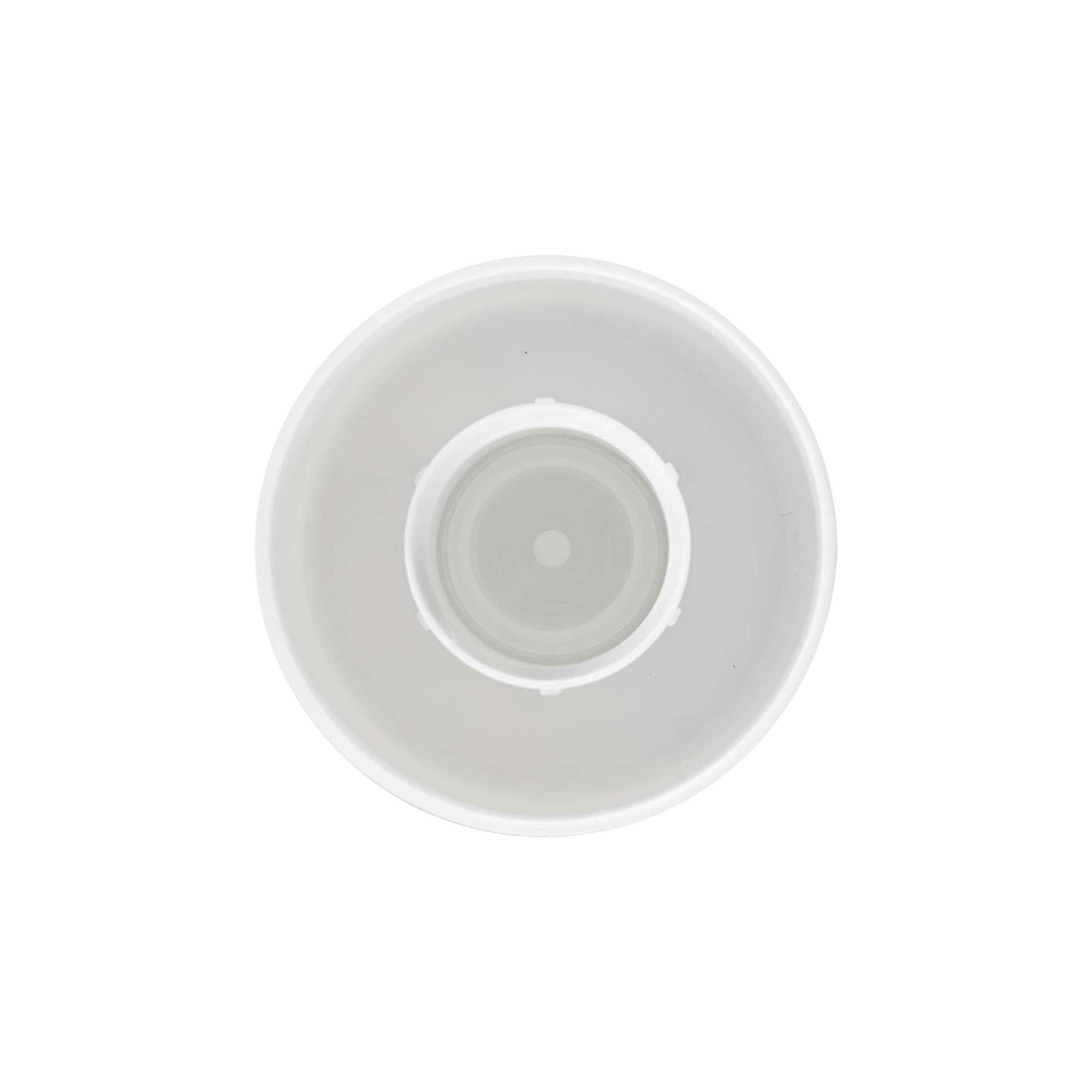 Tappo a vite per bottiglia rotonda con inserto a siringa, plastica PE, bianco, per bocca: GL 22