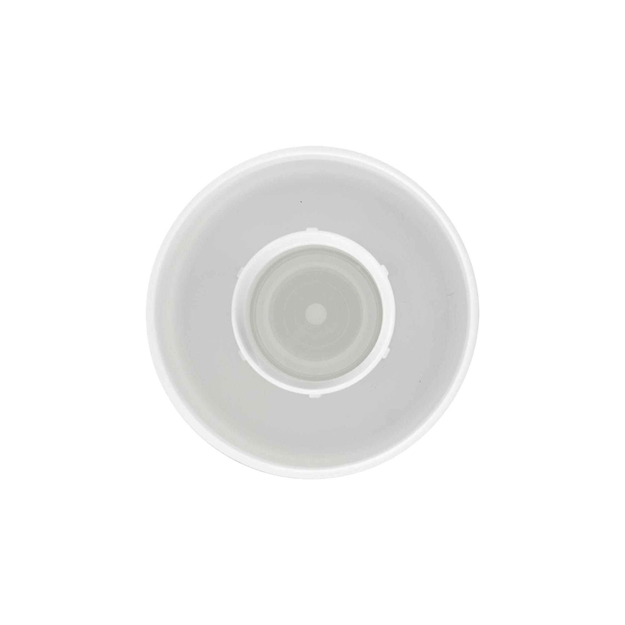 Tappo a vite per bottiglia rotonda con inserto a siringa, plastica PE, bianco, per bocca: GL 22