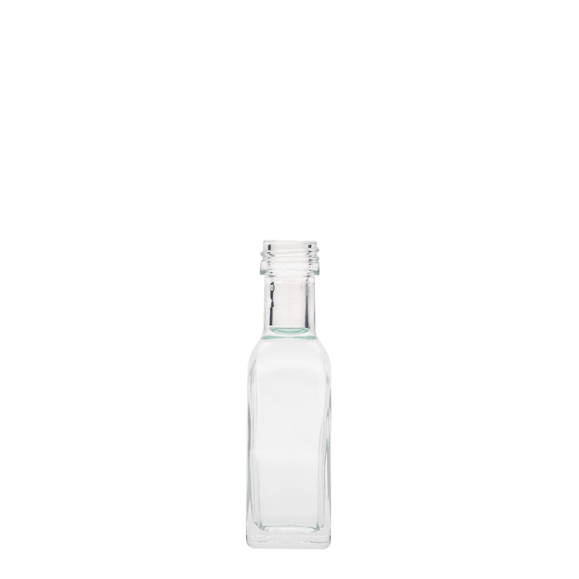 Bottiglia di vetro da 20 ml 'Marasca', quadrata, bocca: PP 18 Bottiglia di vetro da 20 ml 'Marasca', quadrata, bocca: PP 18