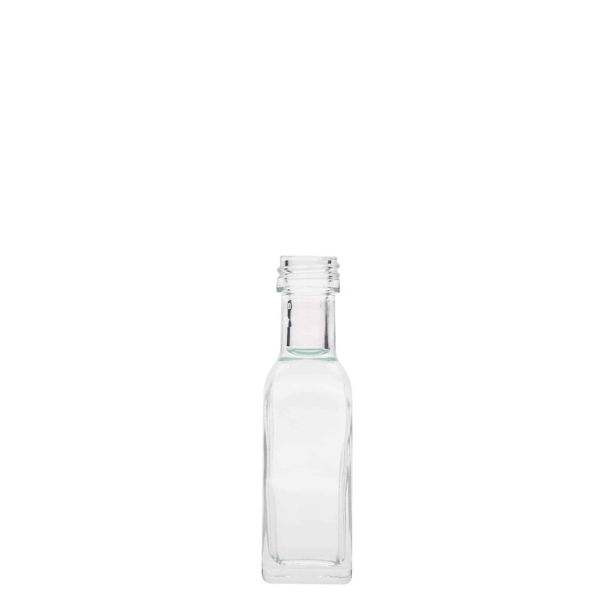 Bottiglia di vetro da 20 ml 'Marasca', quadrata, bocca: PP 18 Bottiglia di vetro da 20 ml 'Marasca', quadrata, bocca: PP 18