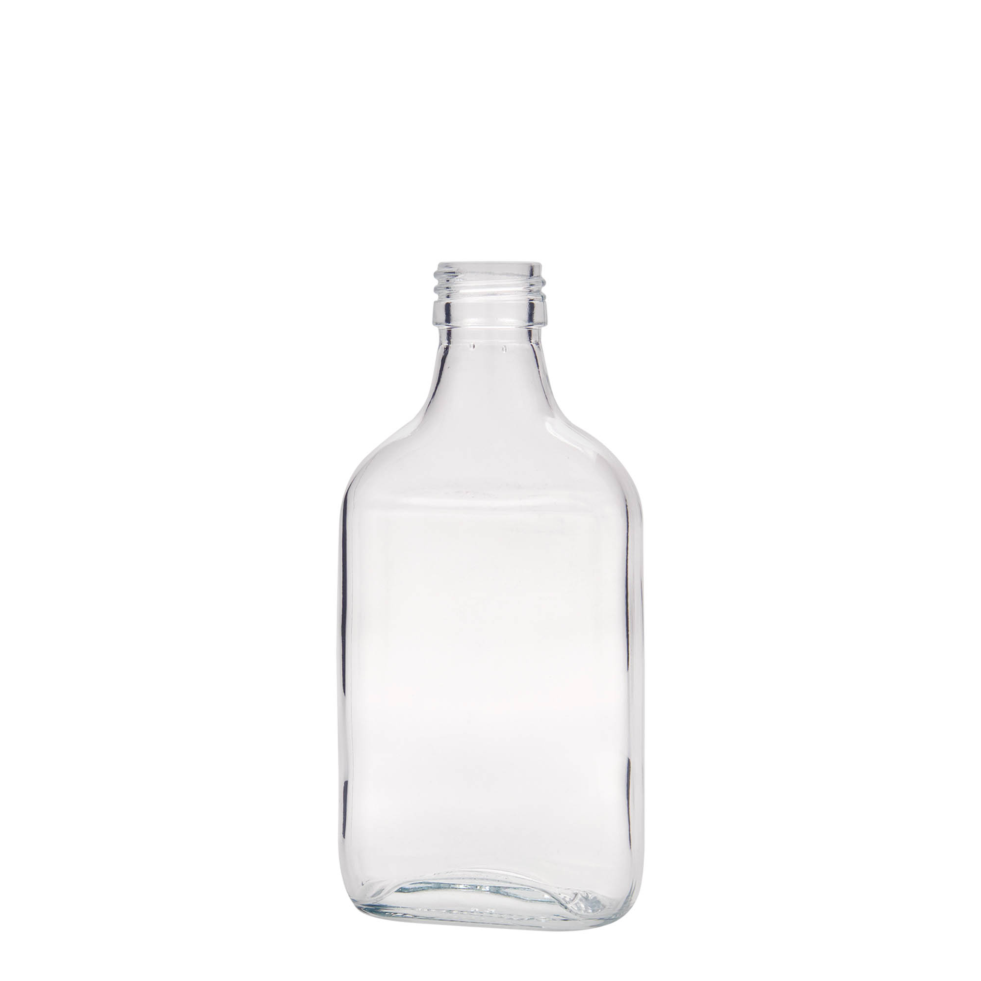 Bottiglia tascabile 200 ml, rettangolare, vetro, bocca: PP 28 Bottiglia tascabile 200 ml, rettangolare, vetro, bocca: PP 28