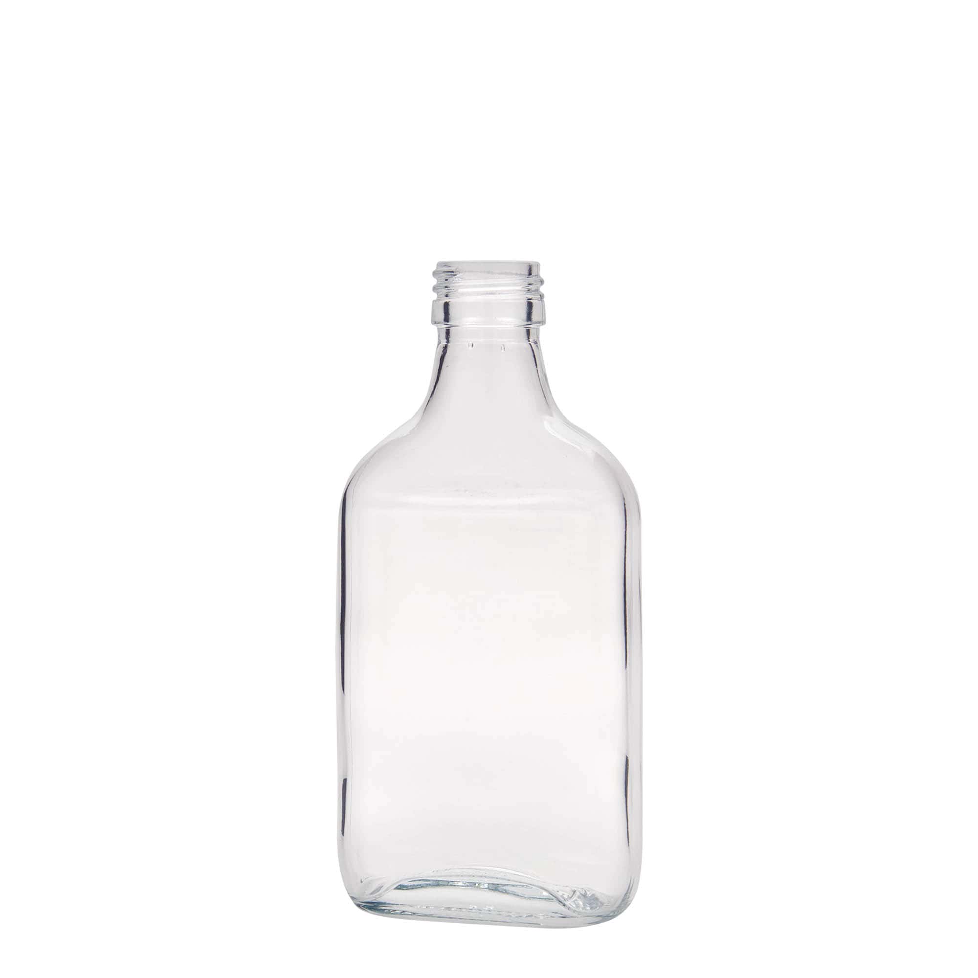 Bottiglia tascabile 200 ml, rettangolare, vetro, bocca: PP 28 Bottiglia tascabile 200 ml, rettangolare, vetro, bocca: PP 28