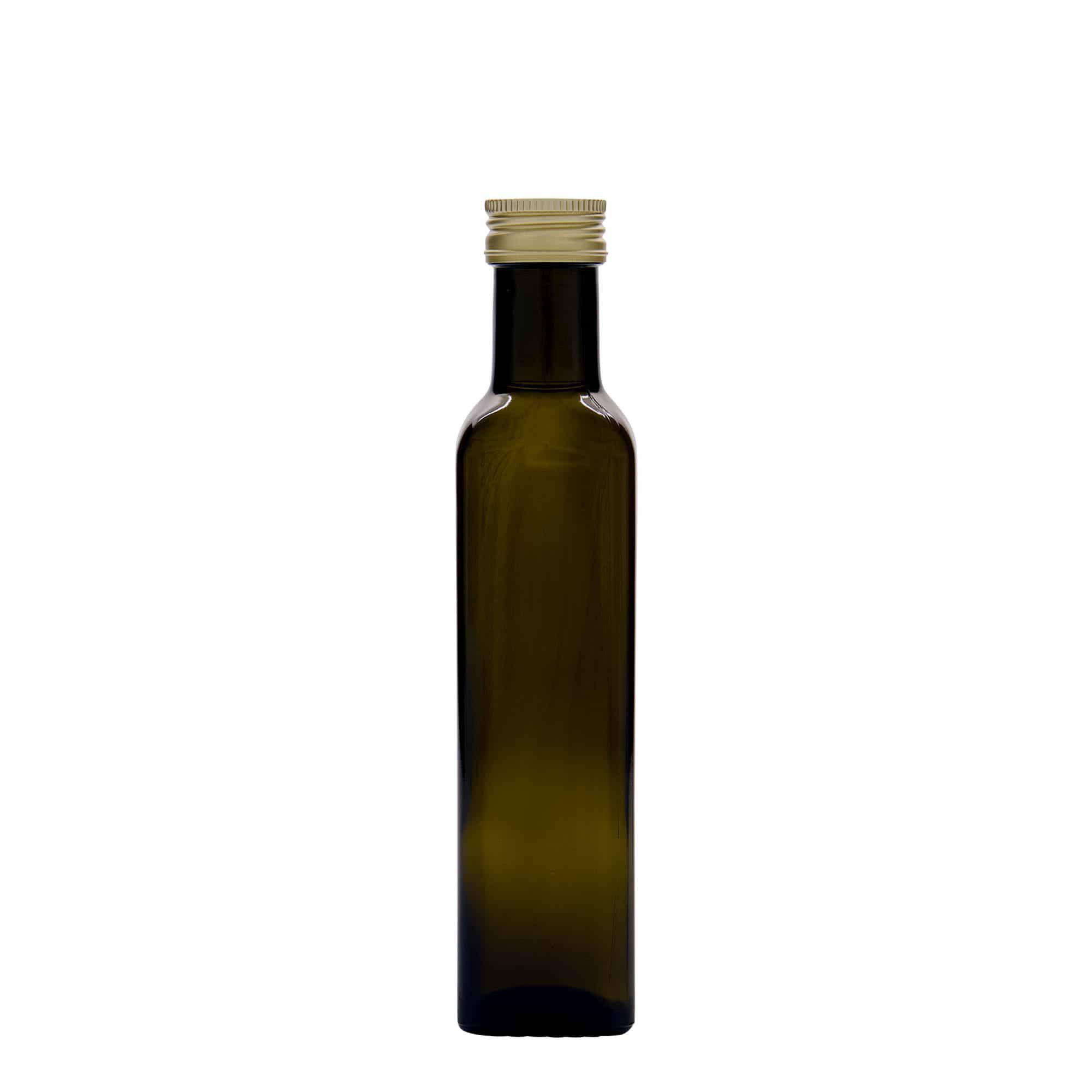 Bottiglia di vetro da 250 ml 'Marasca', quadrata, verde antico, bocca: PP 31,5