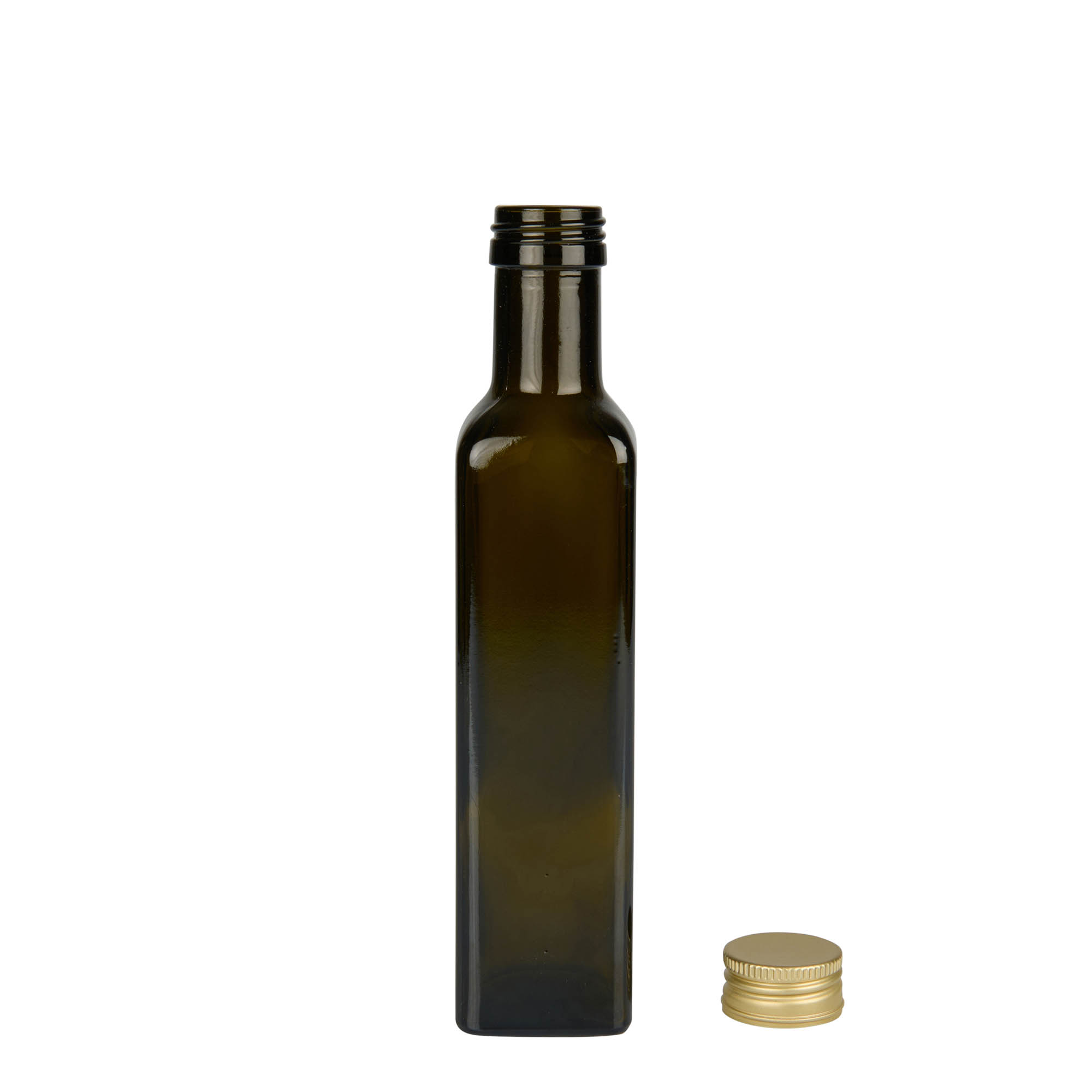 Bottiglia di vetro da 250 ml 'Marasca', quadrata, verde antico, bocca: PP 31,5 Bottiglia di vetro da 250 ml 'Marasca', quadrata, verde antico, bocca: PP 31,5