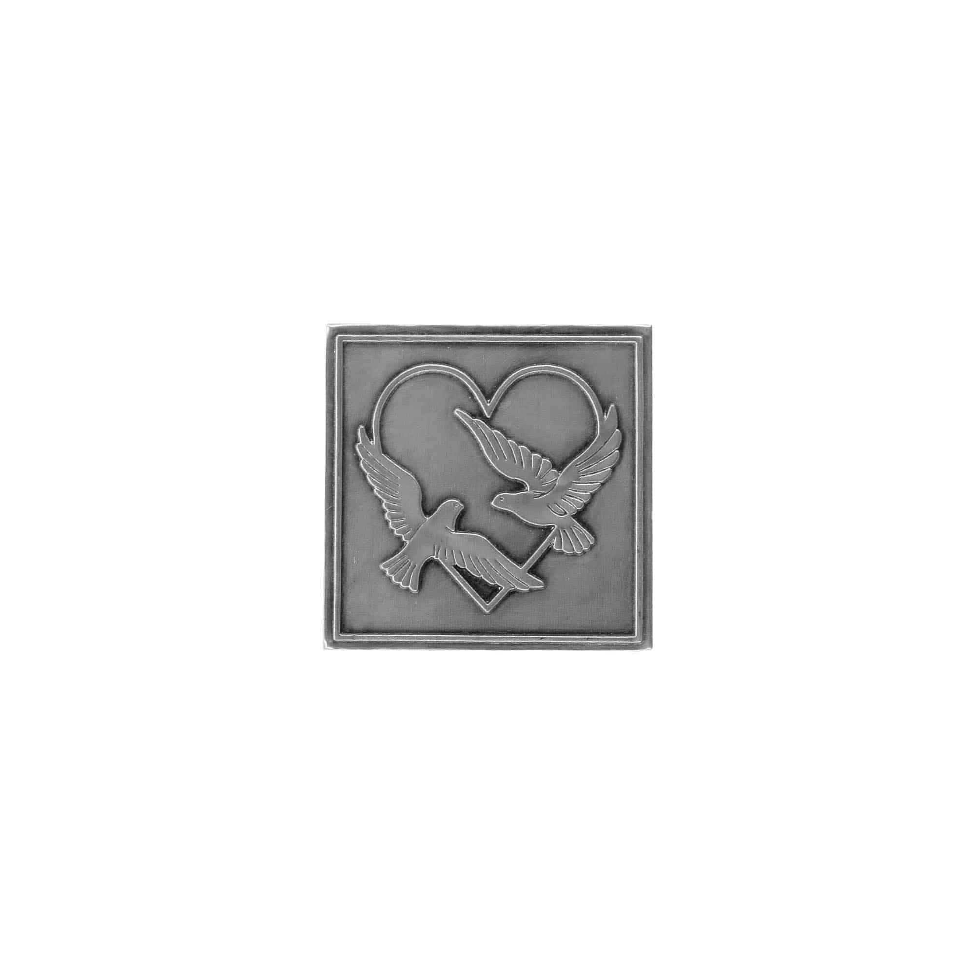 Etichetta in stagno 'Colombe nuziali', quadrata, metallo, argento Etichetta in stagno 'Colombe nuziali', quadrata, metallo, argento