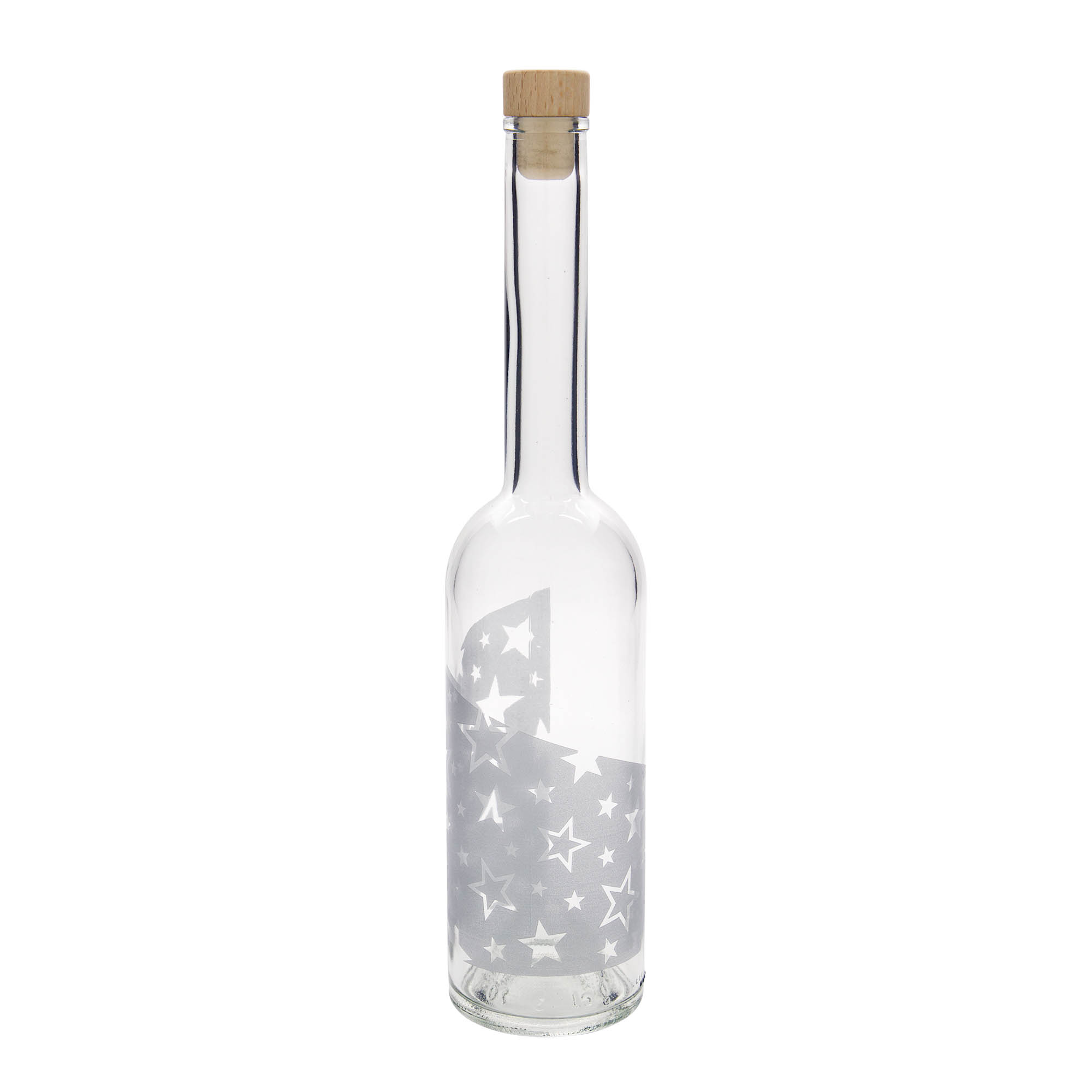 Bottiglia di vetro da 500 ml 'Opera', motivo: stelle d'argento, bocca: sughero Bottiglia di vetro da 500 ml 'Opera', motivo: stelle d'argento, bocca: sughero