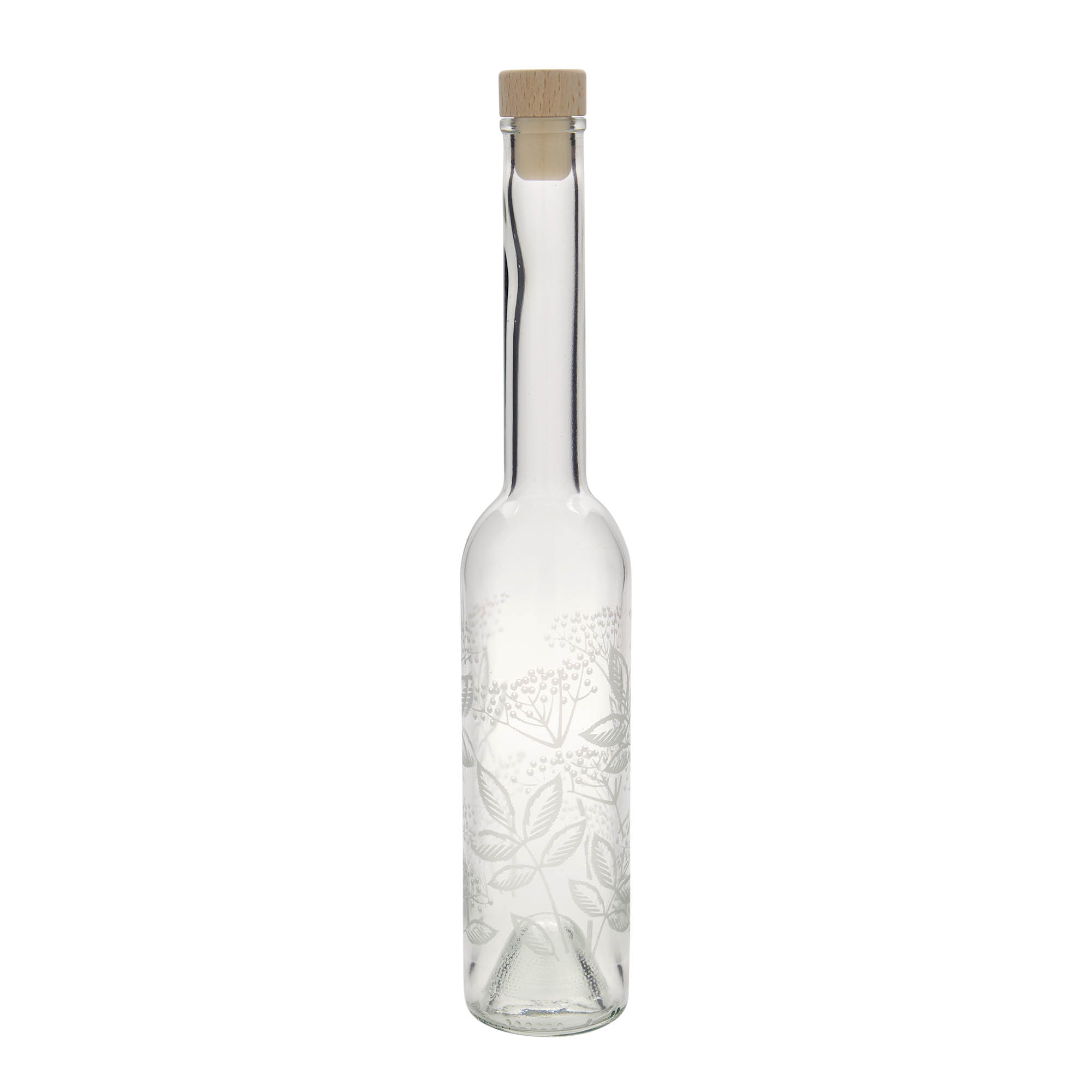 Bottiglia di vetro da 350 ml 'Opera', motivo: Sambuco, bocca: tappo di sughero Bottiglia di vetro da 350 ml 'Opera', motivo: Sambuco, bocca: tappo di sughero